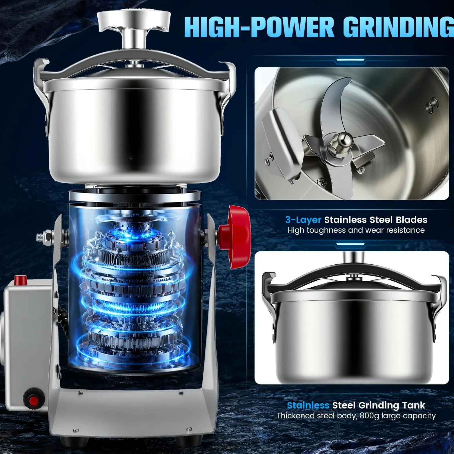 Tragbare Getreidemühle, Elektrische Edelstahl Gewürzmühle, 3500W – 304 Edelstahl, 800g Kapazität, Hochdruck-Spiraldeckel, Überlastschutz – zum Mahlen von Kräutern, Gewürzen, Nüssen & Getreide (220V)