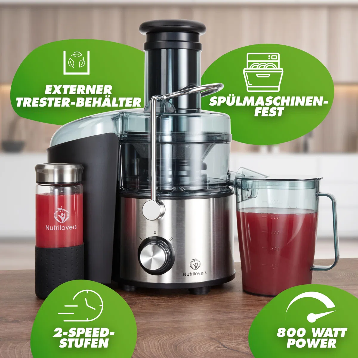 Nutrilovers Entsafter QUICK-JUICER MAX Zentrifugal-Entsafter Obst und Gemüse entsaften, 800W, XXL Einwurf, Edelstahl-Sieb, Externer Tresterbehälter, BPA-frei inkl. Trinkflasche + Rezeptbuch