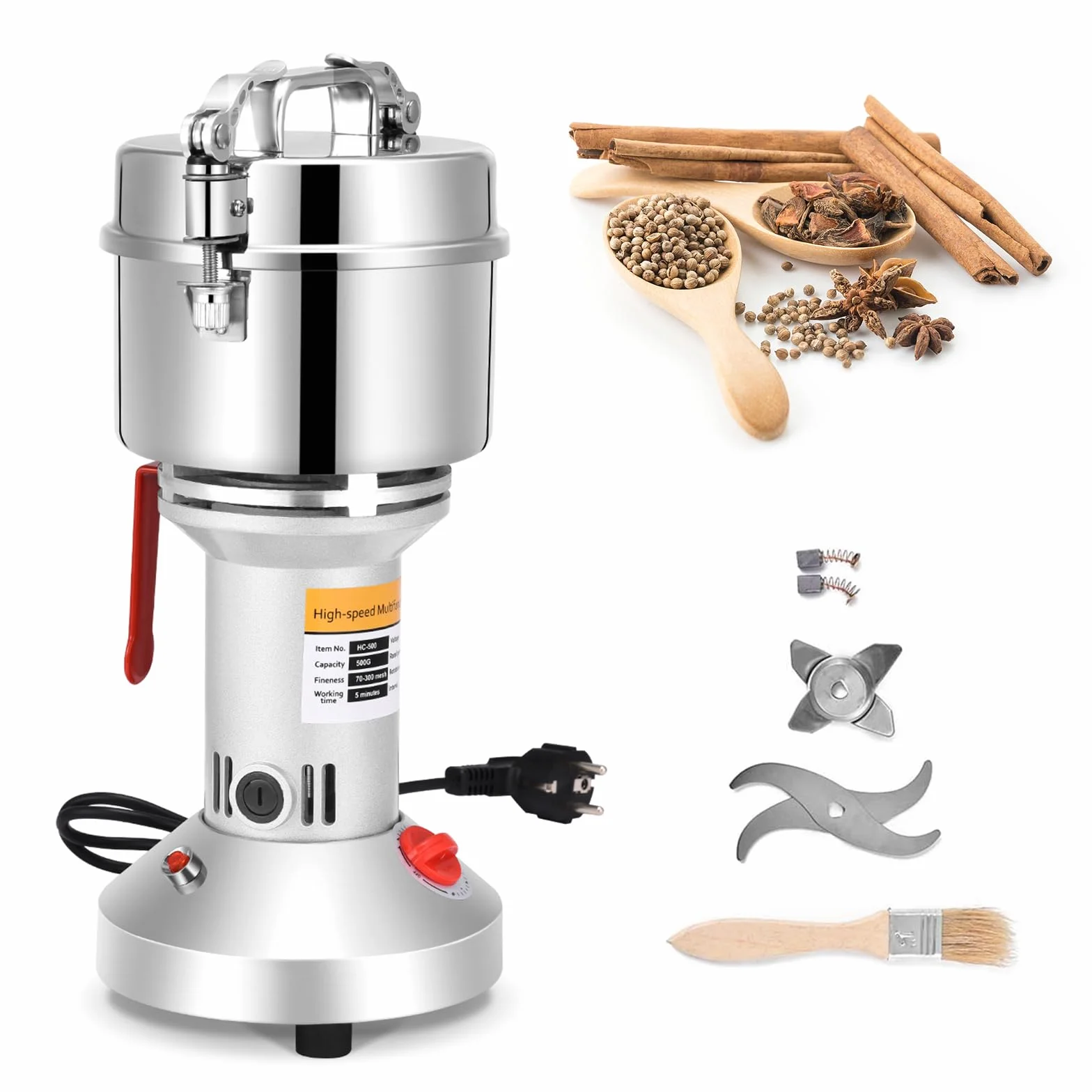 Getreidemühle Elektrisch, 500g Elektrische Getreidemühle Edelstahl Mühle mit 28000rpm Starker Motor High Speed, Mühle Elektrisch 30s Feinmahlung für Küchengetreide Gewürz Mais