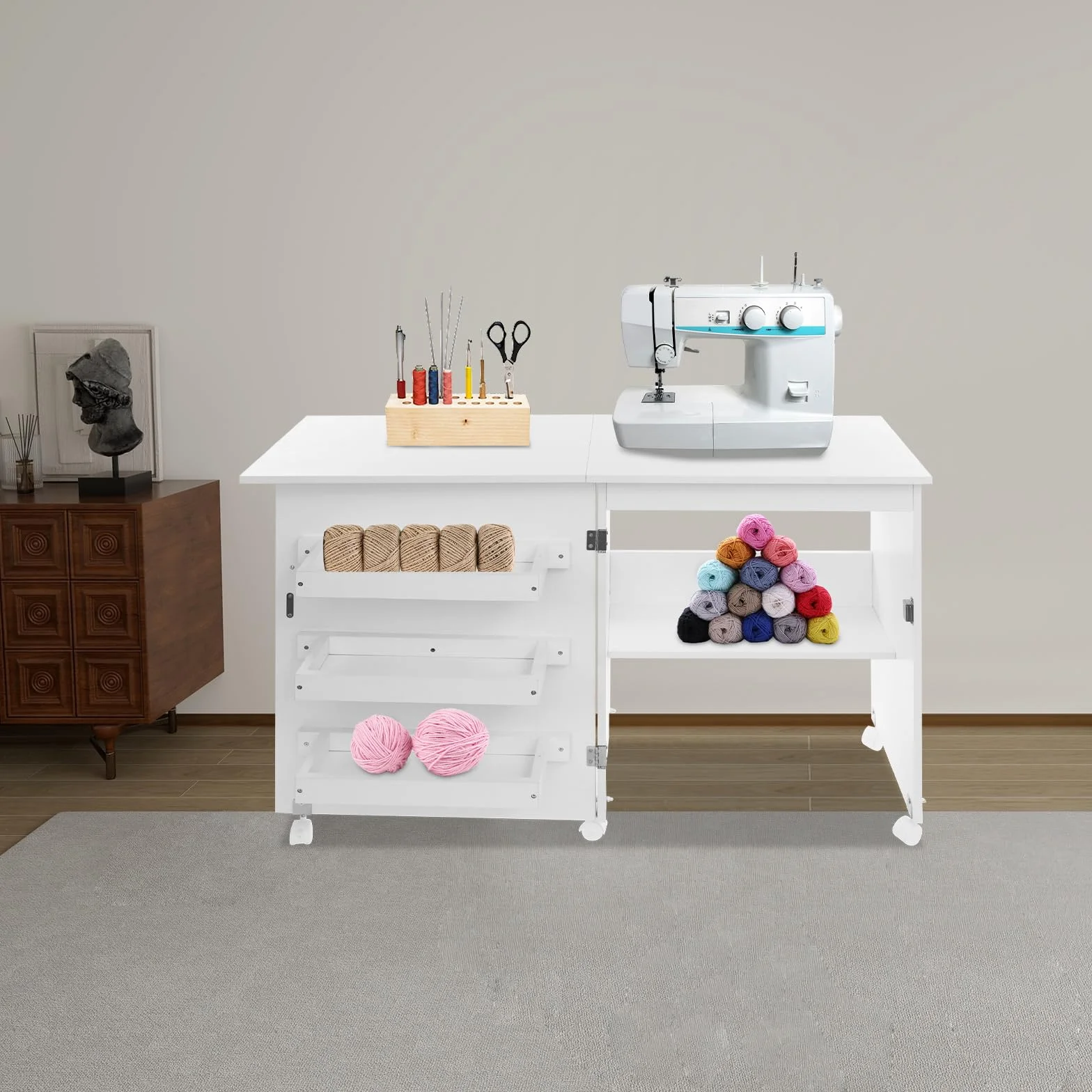 2in1 Klappbarer Nähmaschinentisch, Rollbarer Nähtisch, Nähschrank Schreibtisch, Faltbar Nähmaschinenschrank, Mehrzwecktisch mit 5 Rollen, für Studien und Workshops
