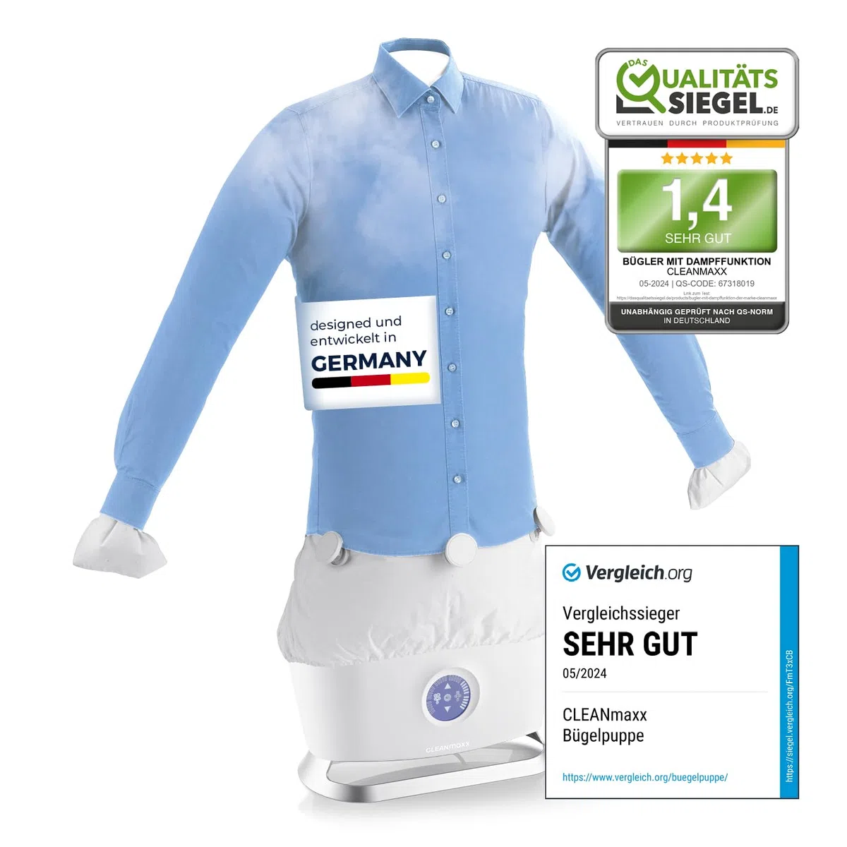 CLEANmaxx automatischer Hemdenbügler mit Dampffunktion | Innovativer Bügler für Hemden & Blusen, Bügelautomat | Schonender als Wäschetrockner und Bügeleisen, 2 Programme, Touch Display