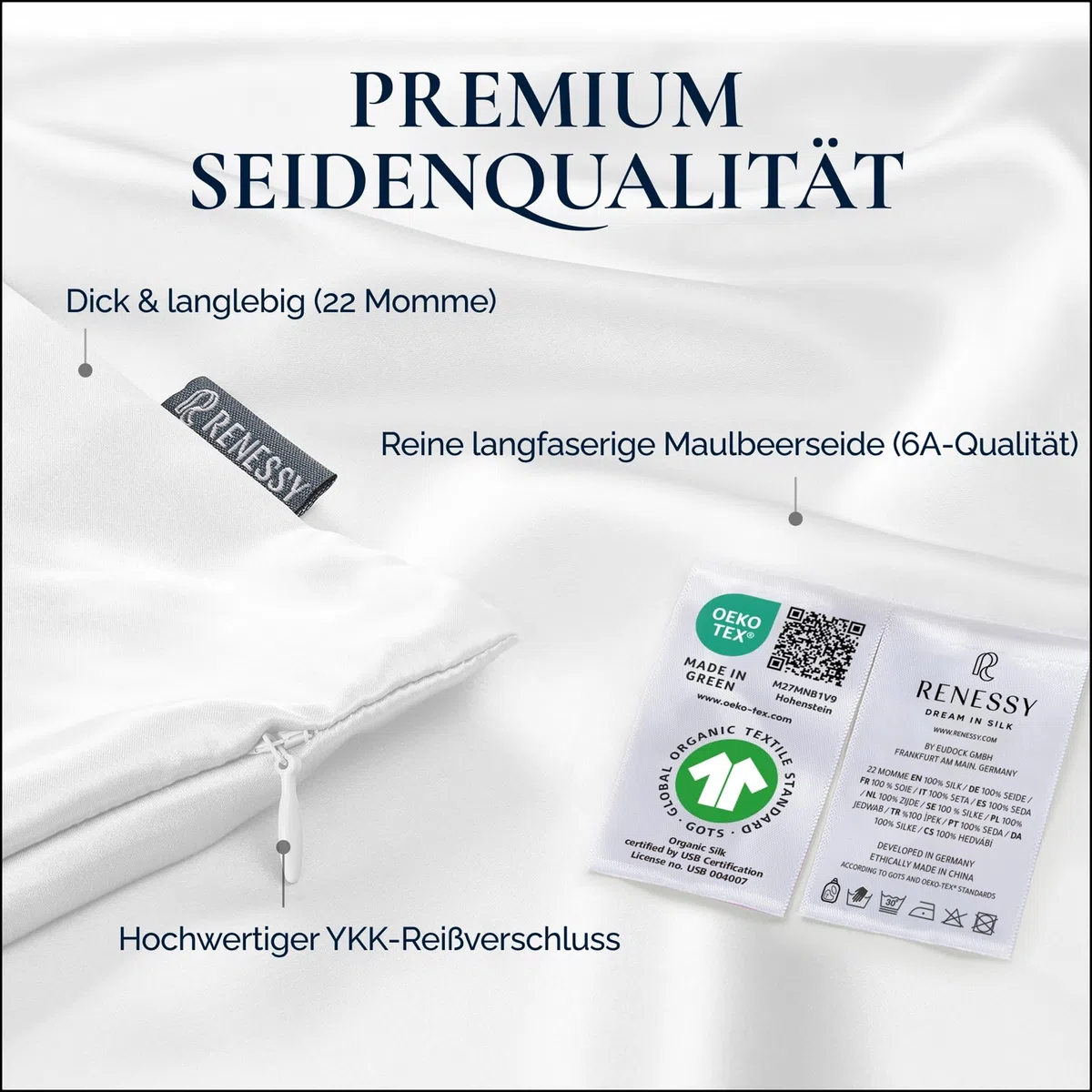 Kissenbezug aus 100% Bio-Seide 40x80cm - 22 Momme Maulbeerseide, Güteklasse 6A, Oeko-Tex zert. in Deutschland - Luxus für Haar und Haut, 1 Stück (Hellgrau)
