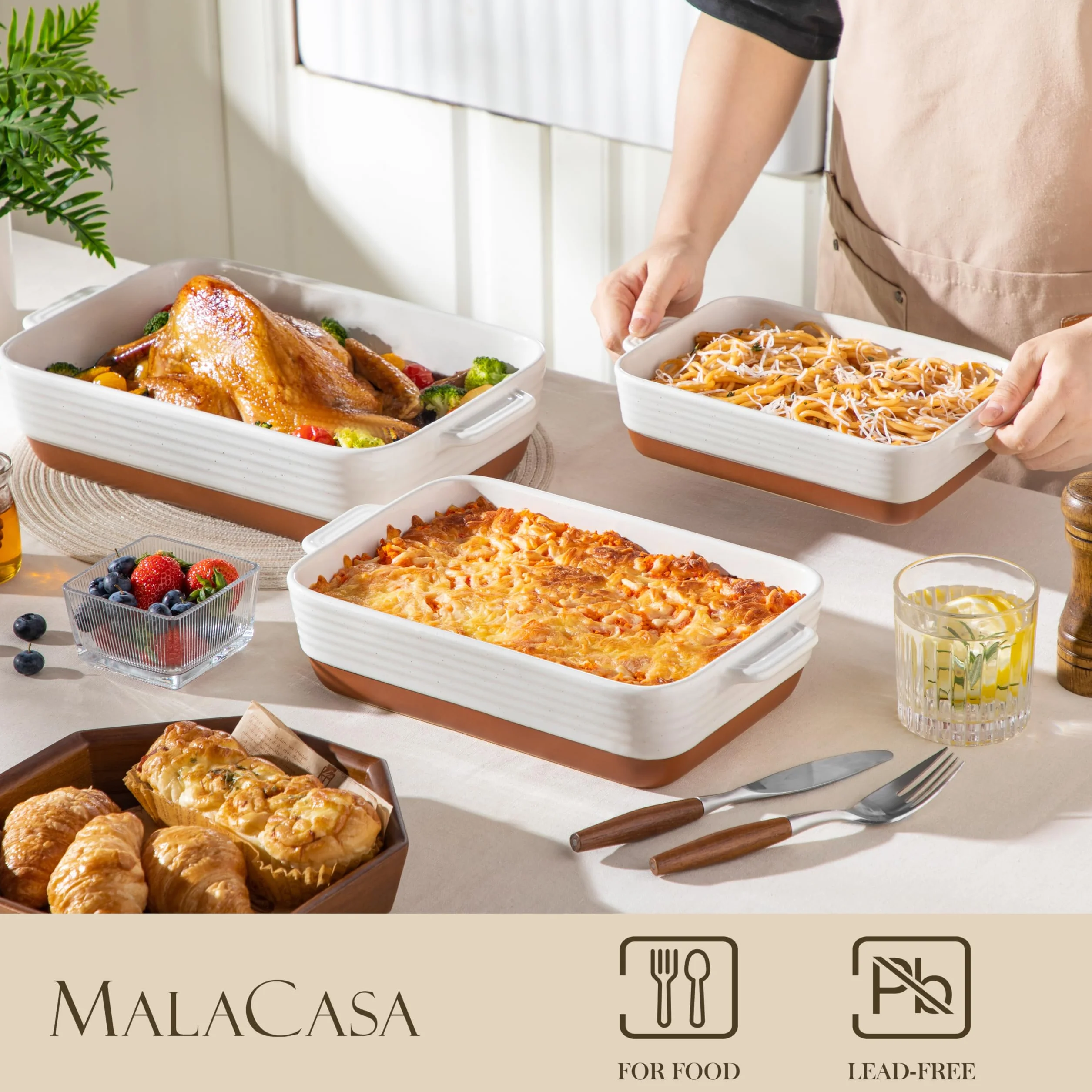 MALACASA, Serie TARA, Auflaufform Groß, 3er Set Lasagne Auflaufform aus Steingut & kratzfest | Backform für Lasagne, Tiramisu & Aufläufe in 3 Größen, Mikrowellengeeignet & Spülmaschinenfest