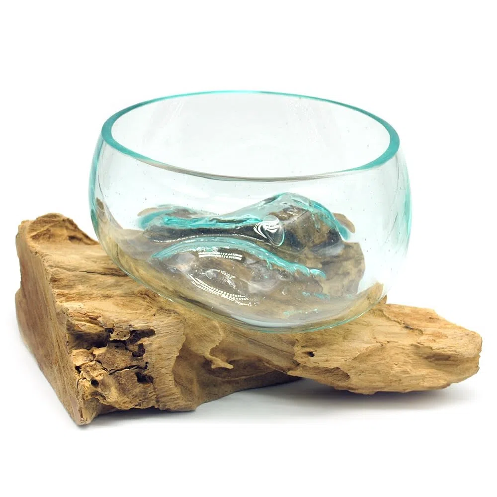 Wurzel mit Glasschale klein Schale Dekoschale Glas auf Holz Durchmesser 12-13 cm Holzdeko Teakholz Deko