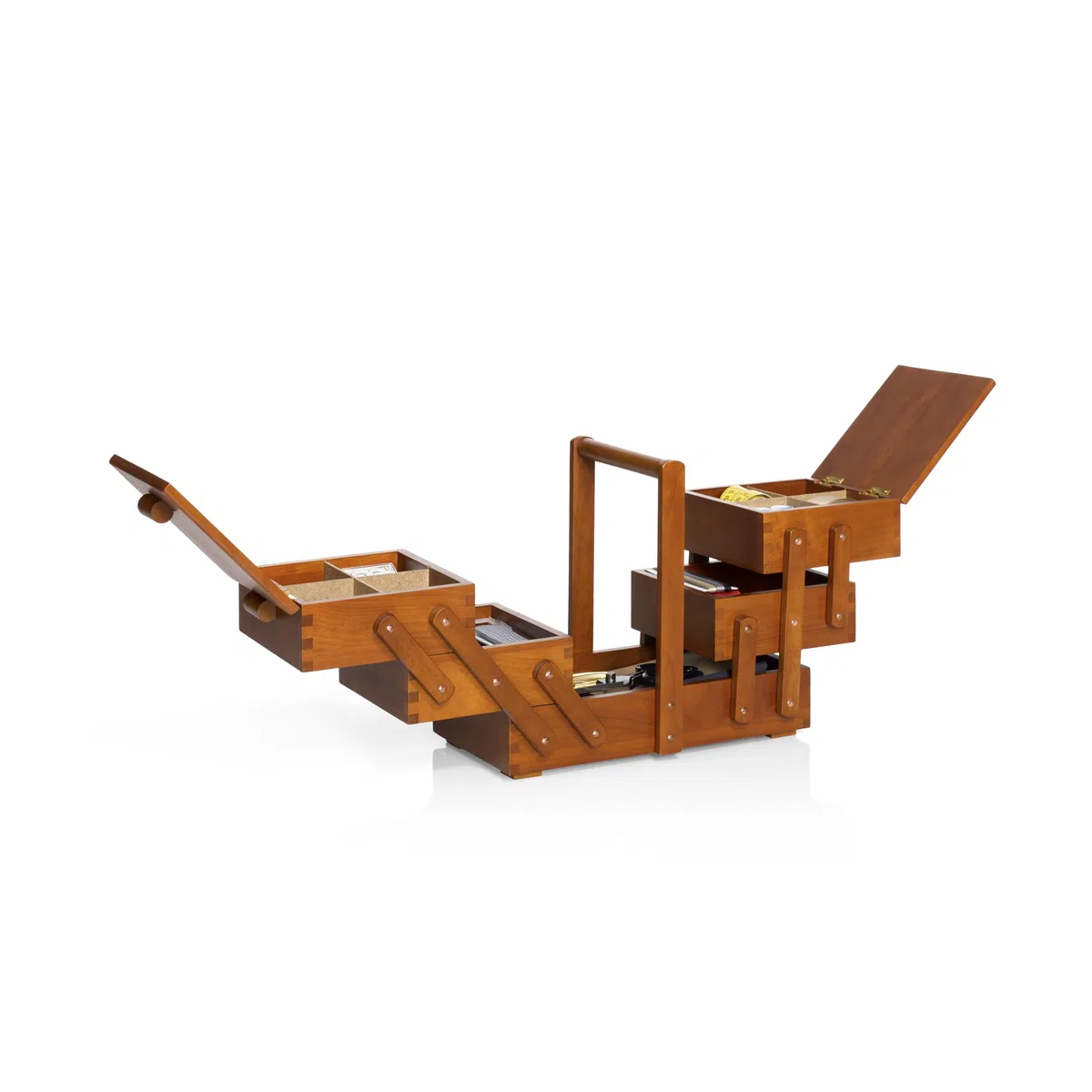 Prym Nähkasten M aus dunklem Kautschukholz 36x28x19 cm 3-stufige Holzbox Ziehharmonika-System