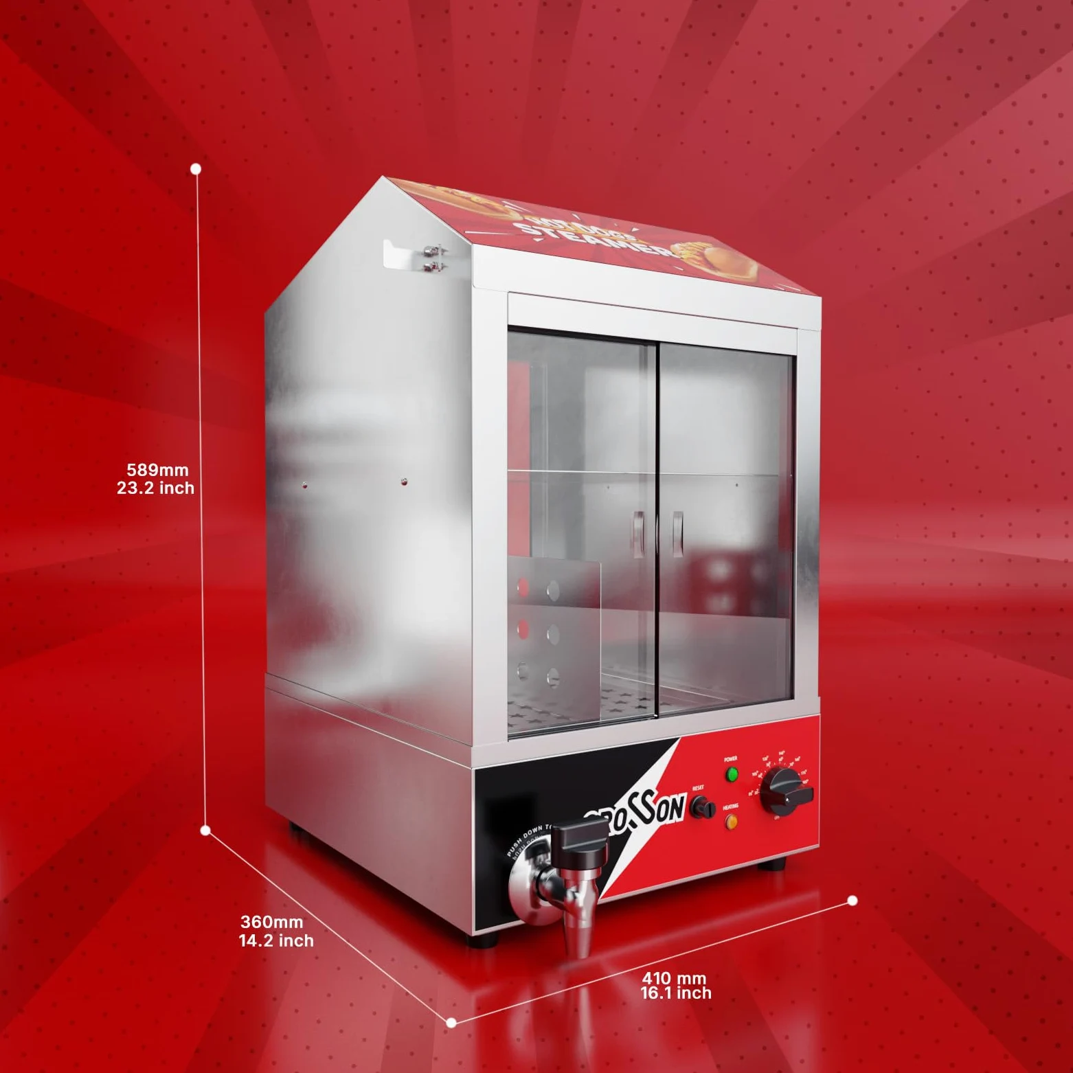 CROSSON Hot Dog Dampfgarer, 42L, 2-stöckiger Hot Dog Hut Dampfgarer, 175 Hot Dogs und 50 Brötchen Brötchen Fassungsvermögen Brötchenwärmer mit sichtbaren Schiebetüren aus gehärtetem Glas