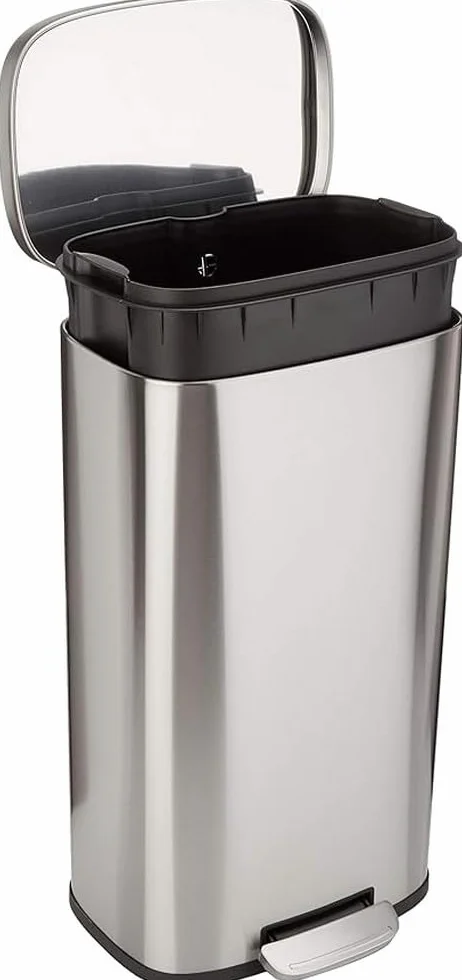 Amazon Basics 30 l Rechteckig Mülleimer für die Küche mit Stahlrohrpedal - 7.9 gallons Sanft Schließend mit Deckel, für Küche, Bad oder Büro, Satiniertes Nickel