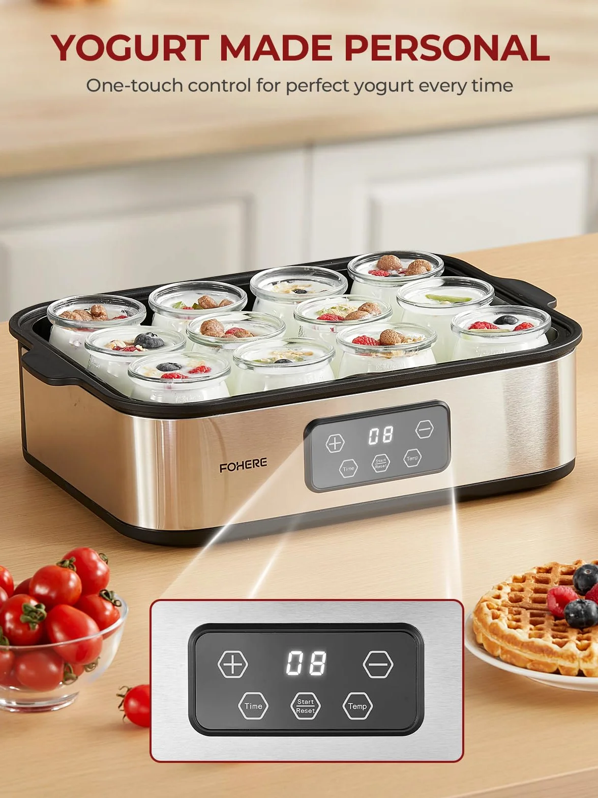 FOHERE Joghurtbereiter 25W inkl. 12 Glasbehälter à 180 ml für bis 2,16L Selbstgemachten Joghurt, Griechischer Joghurtmaschine mit Temperatur und Timer, LCD Display, Abschaltautomatik, BPA-frei