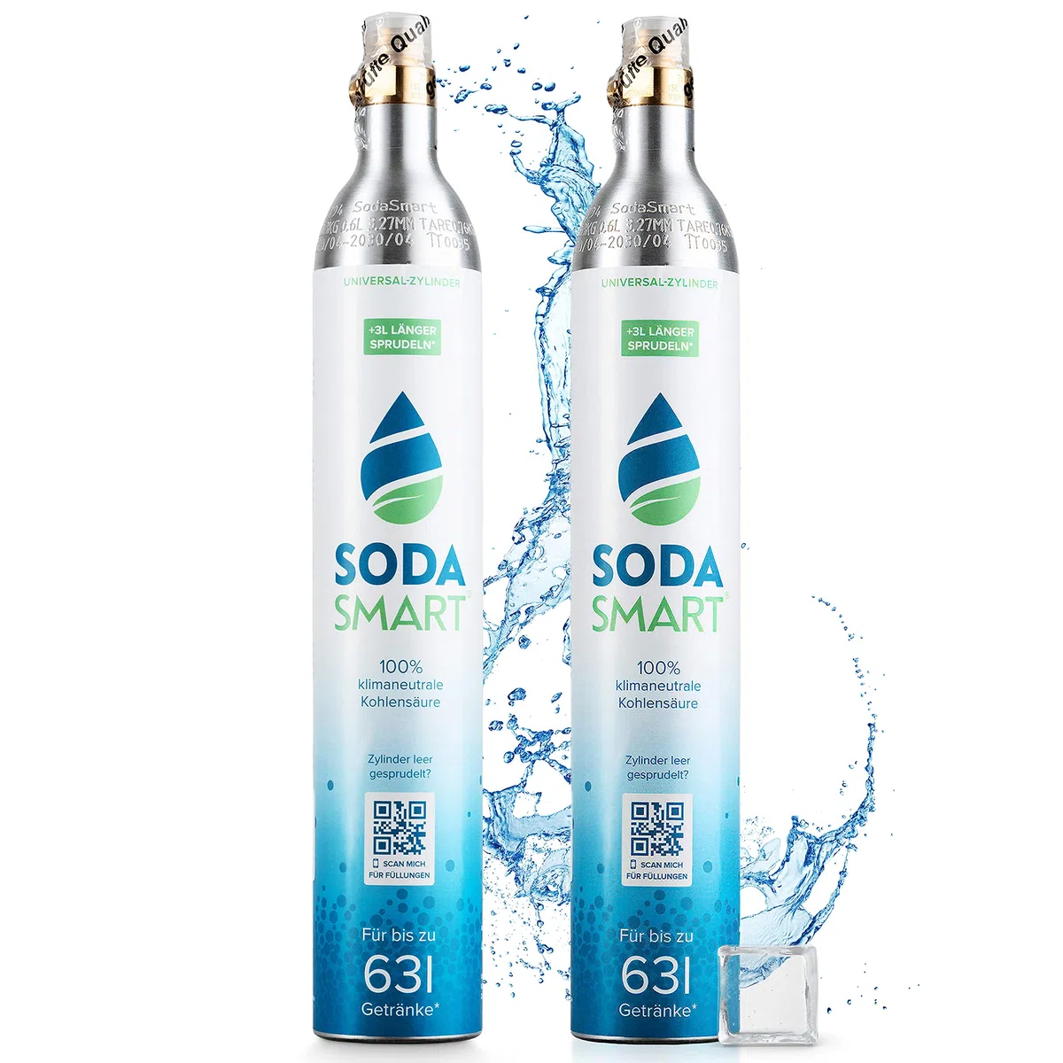 2X Premium CO2 Zylinder für SodaStream Crystal 2.0, Easy, Aarke uvw. Wassersprudler | Gefüllt mit 425g Kohlensäure +25g extra für mehr als 60l | Kohlendioxid-Zylinder als Reservepack