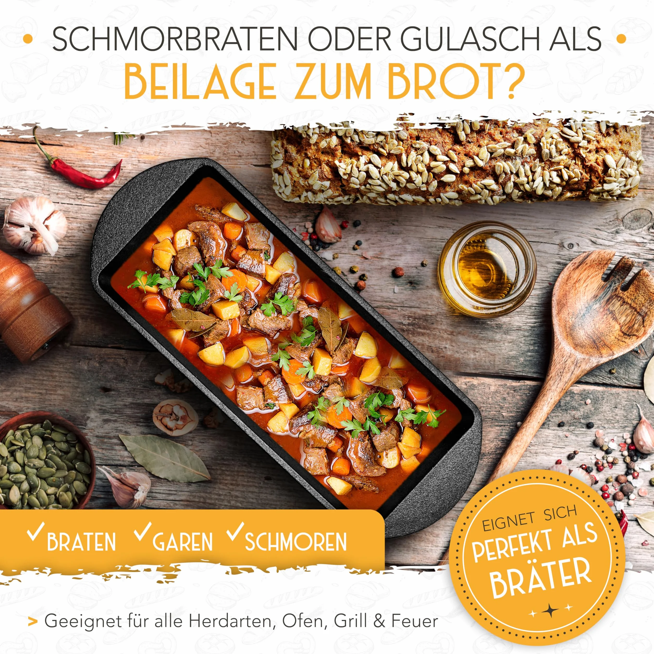 KRUSTENZAUBER Brotbackform mit Deckel inkl. Gärkorb - Robuste 28cm Backform aus Gusseisen - Ideal als Kastenform, Toastbrot Backform, Brotform, Gusseisen Topf Brot backen Zubehör, Brottopf