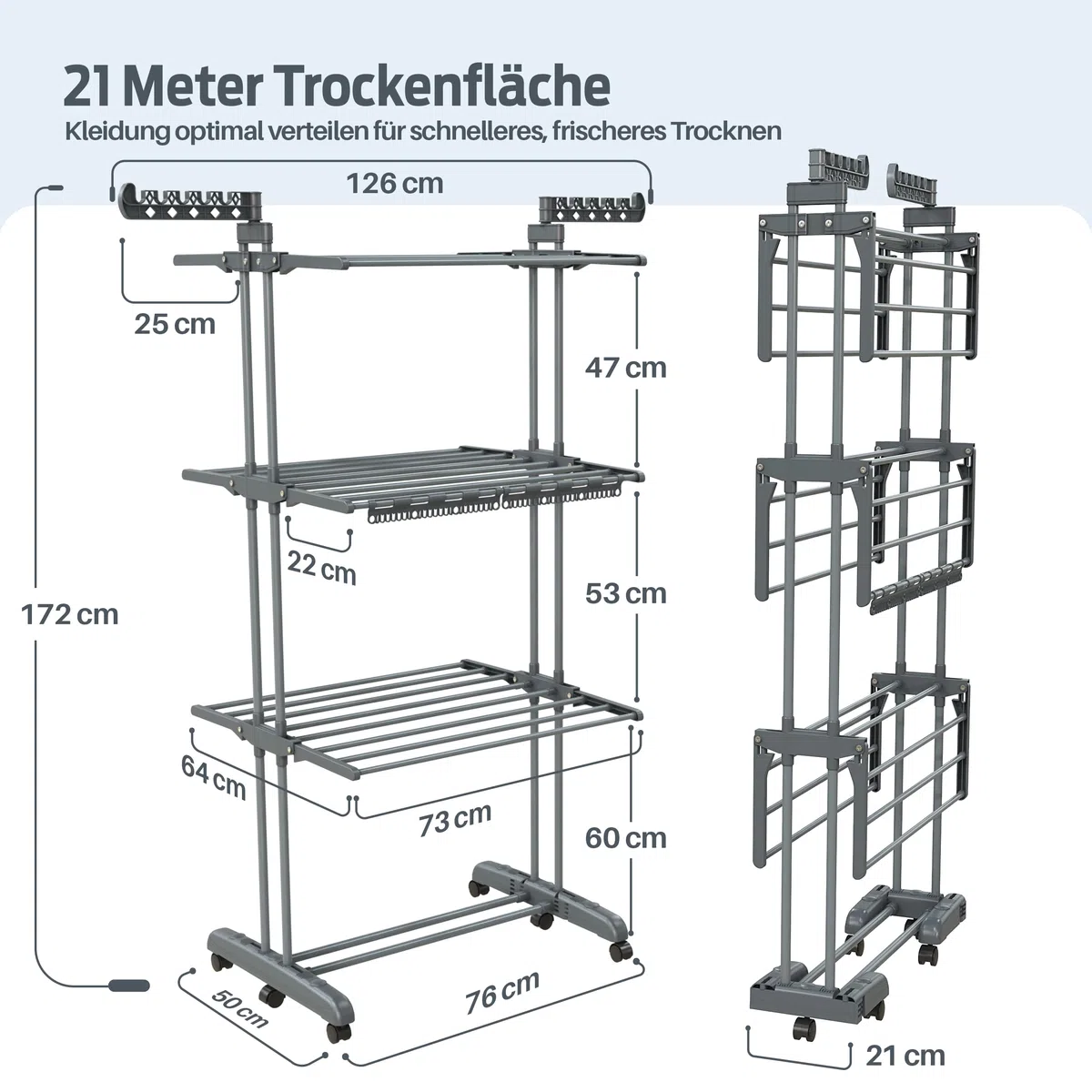 PORTENTUM Wäscheständer Turm klappbar mit 4 Ebenen und 24 Trockenstangen – Bis 40 kg – Wäschetrockner Ständer mit 2 Sockenhaltern – Für Innen- und Außenbereich – Rollen mit Feststellbremse