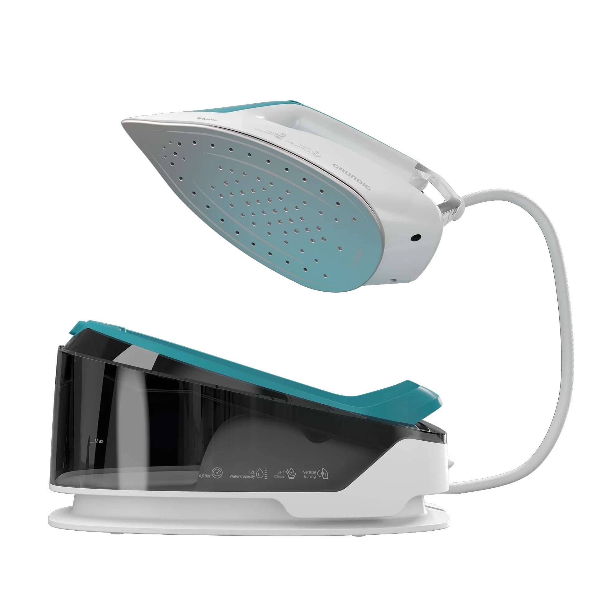 GRUNDIG SIS 6550 Dampfbügelstation, 2400 W, 6,5 bar, 110 g/min Dampf & 360 g/min Extra-Dampfstoß, Keramiksohle, Selbstreinigung & 1,2 L Wassertank, schnellaufheizend, Weiß/Türkis