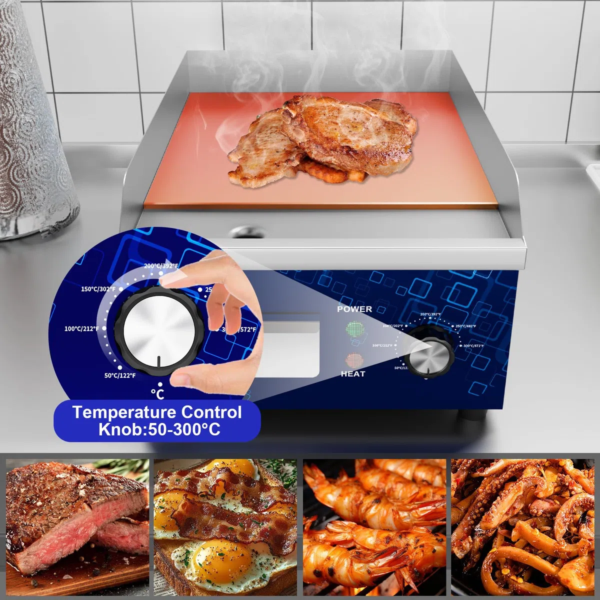 TAIMIKO Elektrische Grillplatte glatt 1700 W Elektro-Grillplatte Edelstahl Gusseisen Gastro Griddleplatte Präzise Temperaturregelung