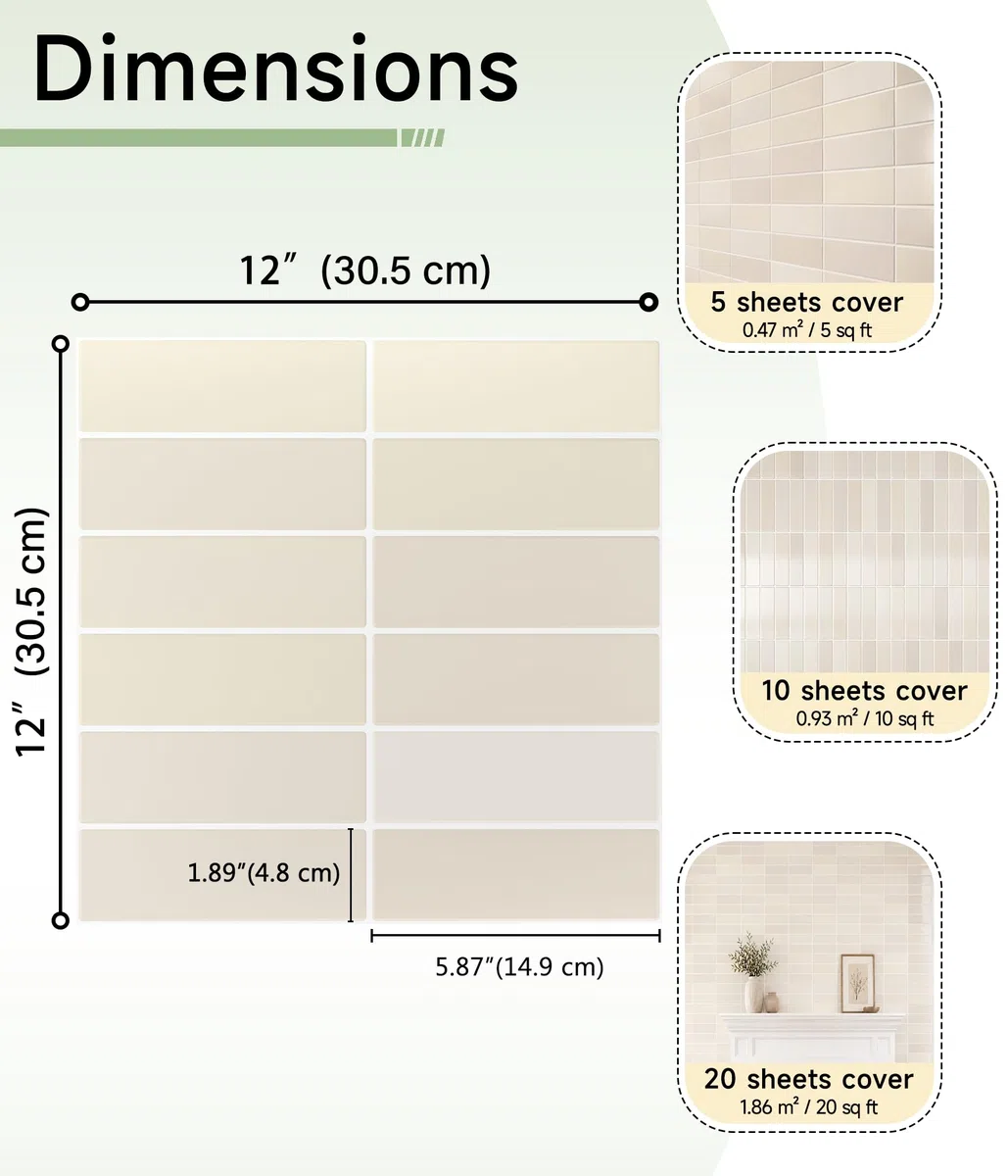 Yoillione Dickere 3D Fliesenaufkleber Selbstklebend PVC Metro Fliesenfolie Weiß Beige 10