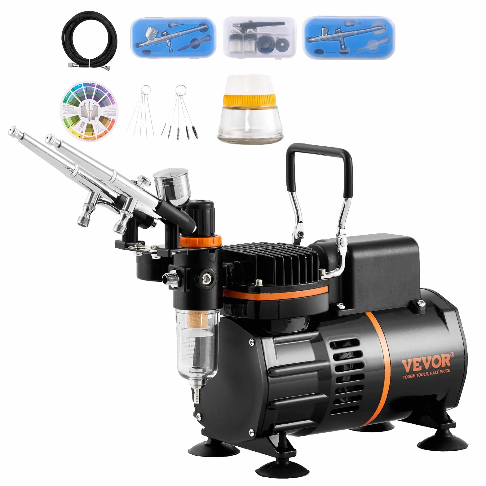 VEVOR Airbrush-Set, Luftkompressor mit Doppellüfter, professionelles Airbrush-System-Set mit 3 Airbrushes, Halter, Farbmischrad, Reinigungsbürsten-Set, Airbrush-Set für Kunst, Nägel, Kekse, Make-up, K