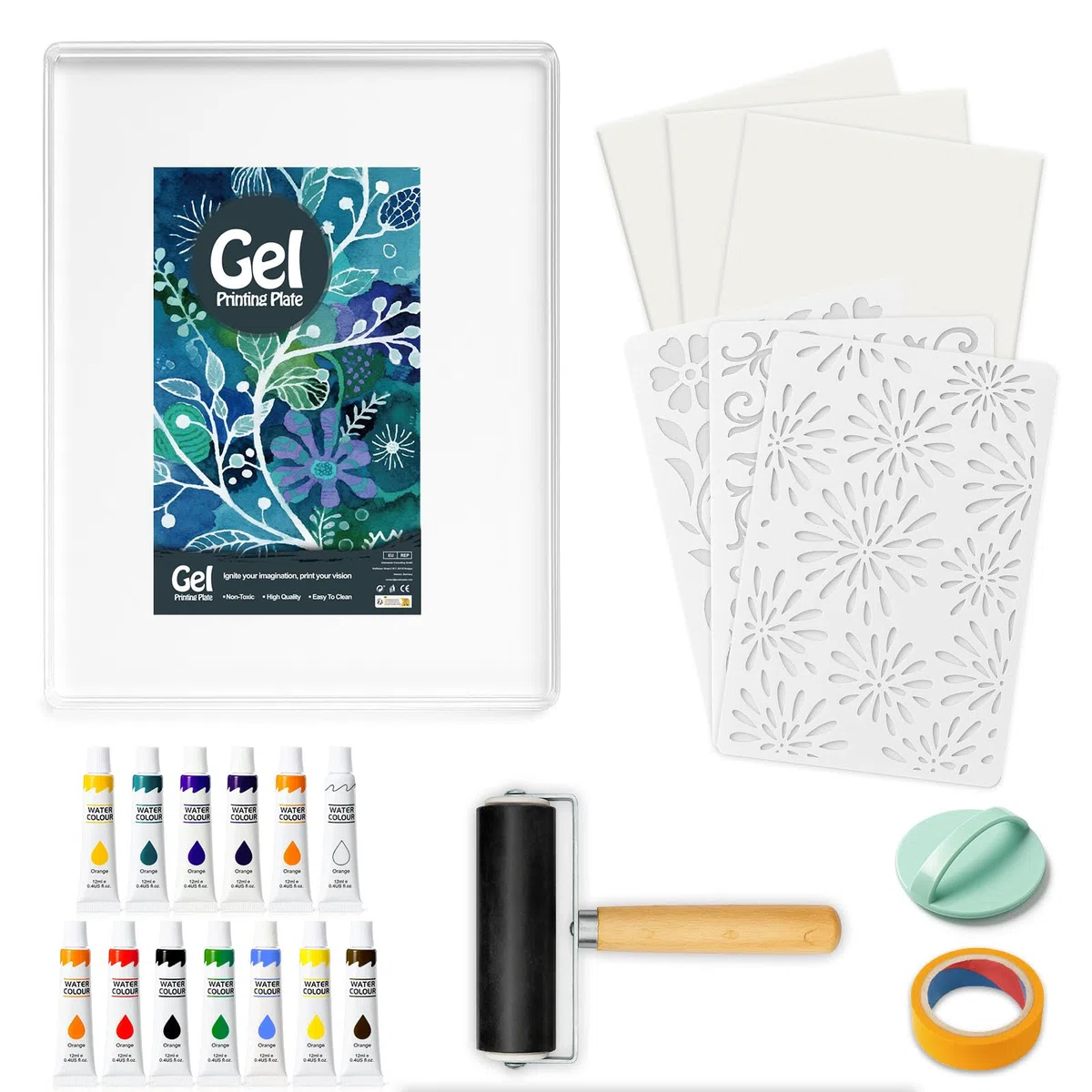 8 x 10 Zoll Gel Druckplatte Set, Set mit Geldruck, Gummirolle, Aquarellfarben, Schablonen, Druckpapier, Geeignet für Kartenherstellung, Kunsthandwerk, Scrapbooking, Tagebuch