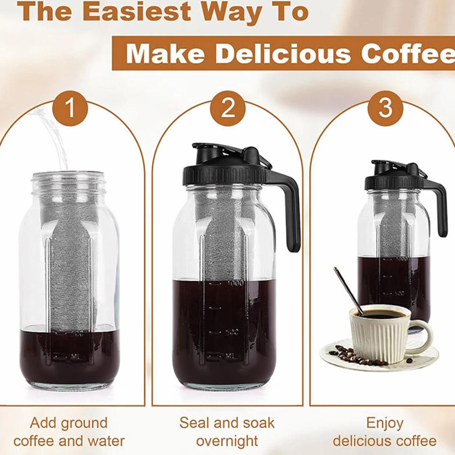 Cold Brew Kaffeemaschine, 2 l, Eiskaffeekrug aus Glas mit Auslaufdeckel, Edelstahlbürste und superdichtem Filter mit Griff
