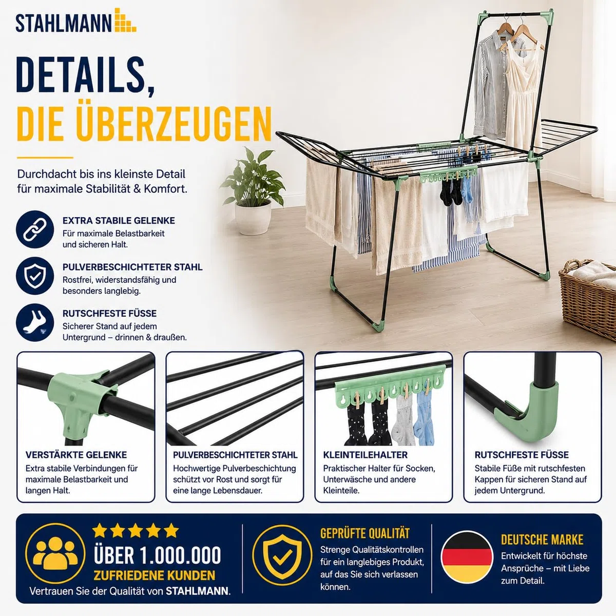 STAHLMANN JETZT NEU Wäscheständer Schwarz XXL [30 m Trockenfläche] – Wäscheständer klappbar mit 20 m Flügel & 10 m Kleiderstange – platzsparendes 2-in-1 Trockensystem mit Sockenhalter