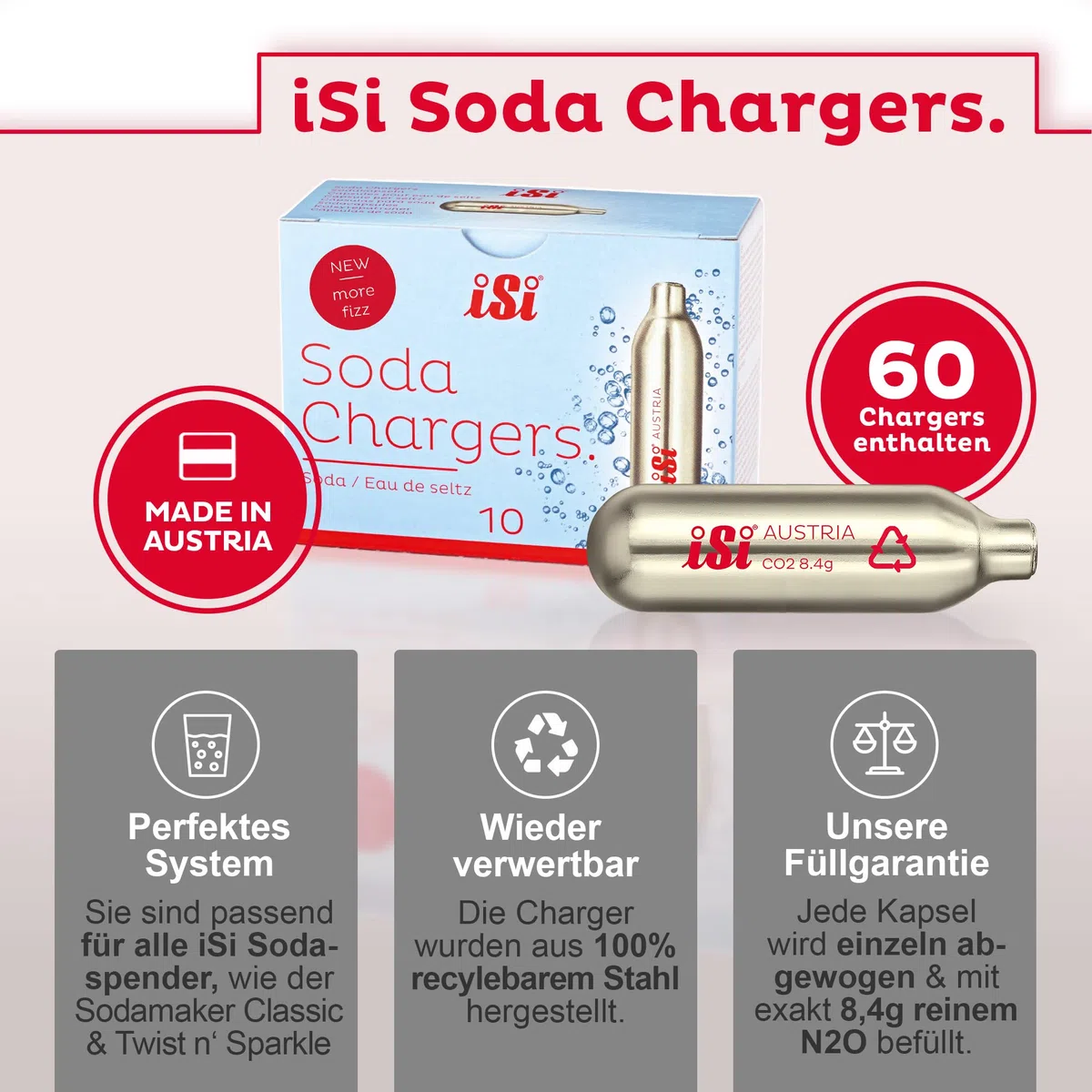 ISI Soda Siphon 1L inkl. 6 x 10 CO2 Kapseln für Soda & Sprudel - Edelstahl Wassersprudler Set + CO2 Kartuschen - Wasser Sprudler - Bar Zubehör