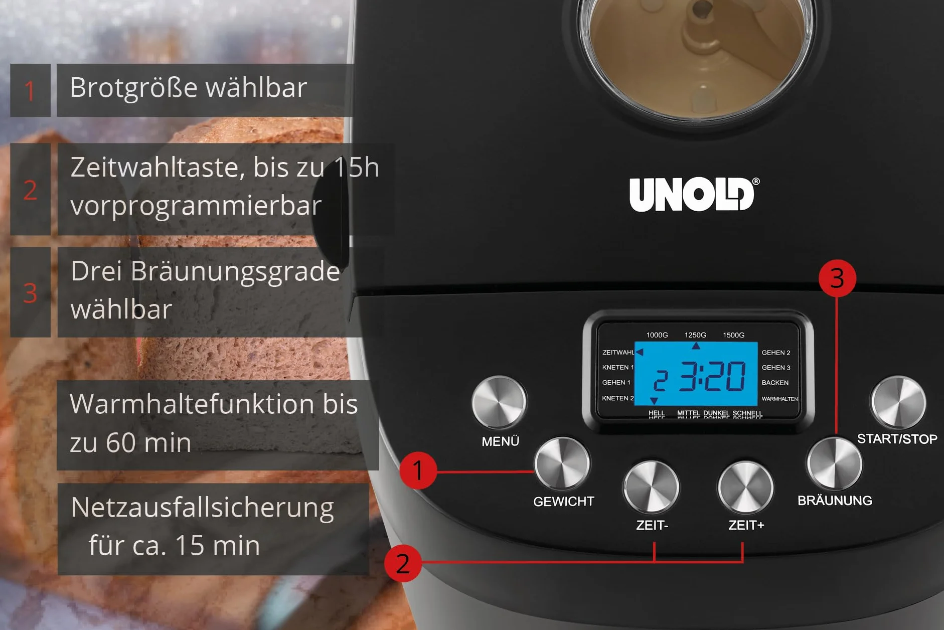 Unold 68525 BACKMEISTER Big Black - Schwarz, für bis zu 1.500g Brot, 15 Programme, auch für glutenfreies Brot, Timerfunktion, Waremhaltefunktion, LCD Display