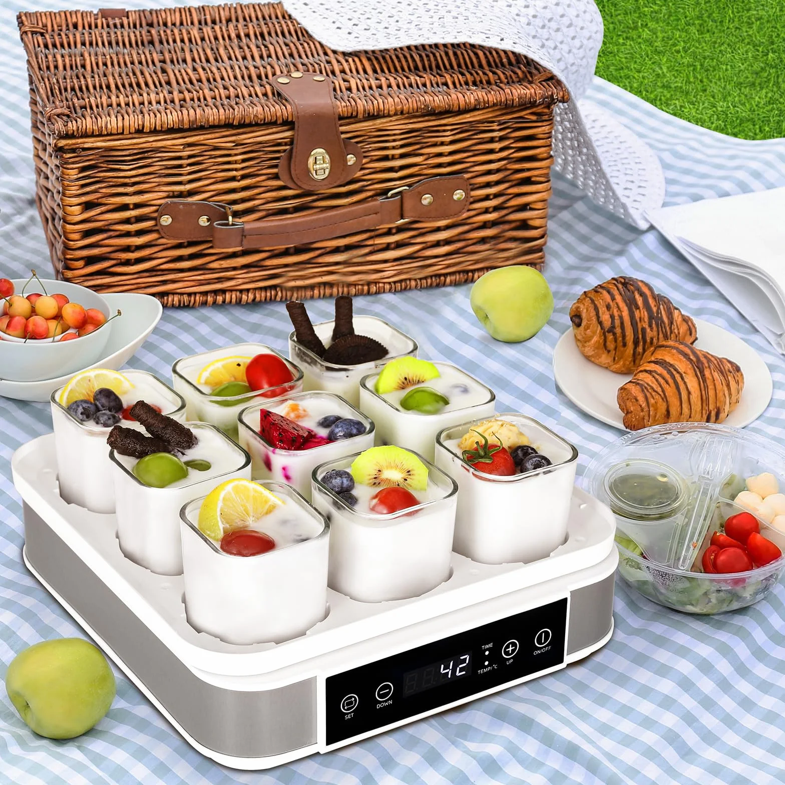 Joghurtbereiter, Griechischer Joghurtmaschine mit Temperatur- und Timer, Automatischer Digitaler Joghurt Maker mit 9 Gläsern, Perfekt für den Heim-Bio-Joghurt, Käse-/Natto-Zubereiter, BPA-frei, 40 W
