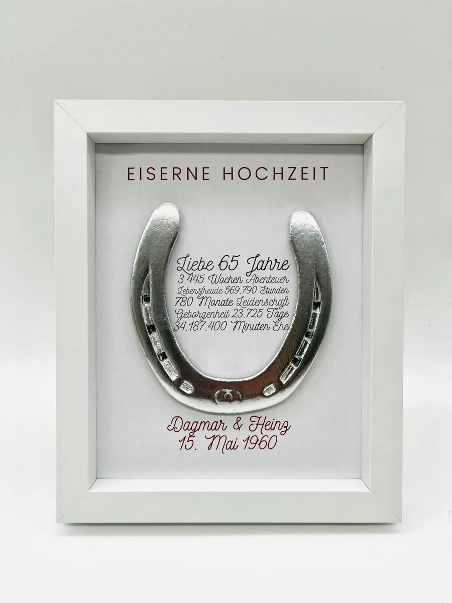 Generisch Geschenk zur eiserne Hochzeit, Eiserne Hochzeit, Wandbild 65 Jahre Ehe, personalisiertes getragenes Hufeisen (Hellbrau)