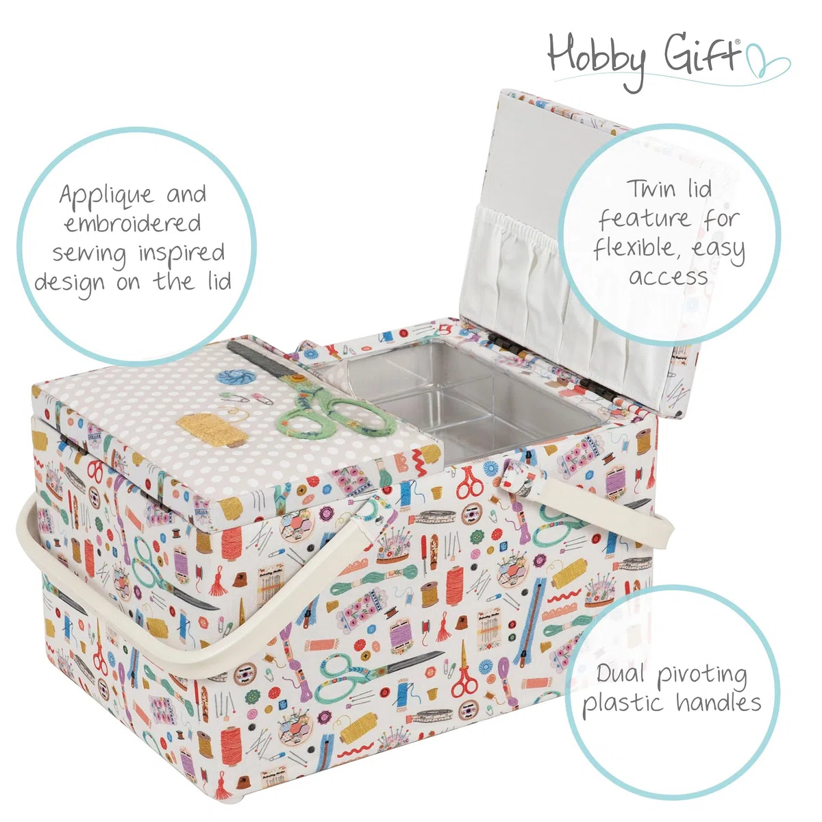 Hobby Gift Große Aufbewahrungsbox zum Nähen und Basteln mit Doppeldeckel, appliziert, bestickt, Haby Notions