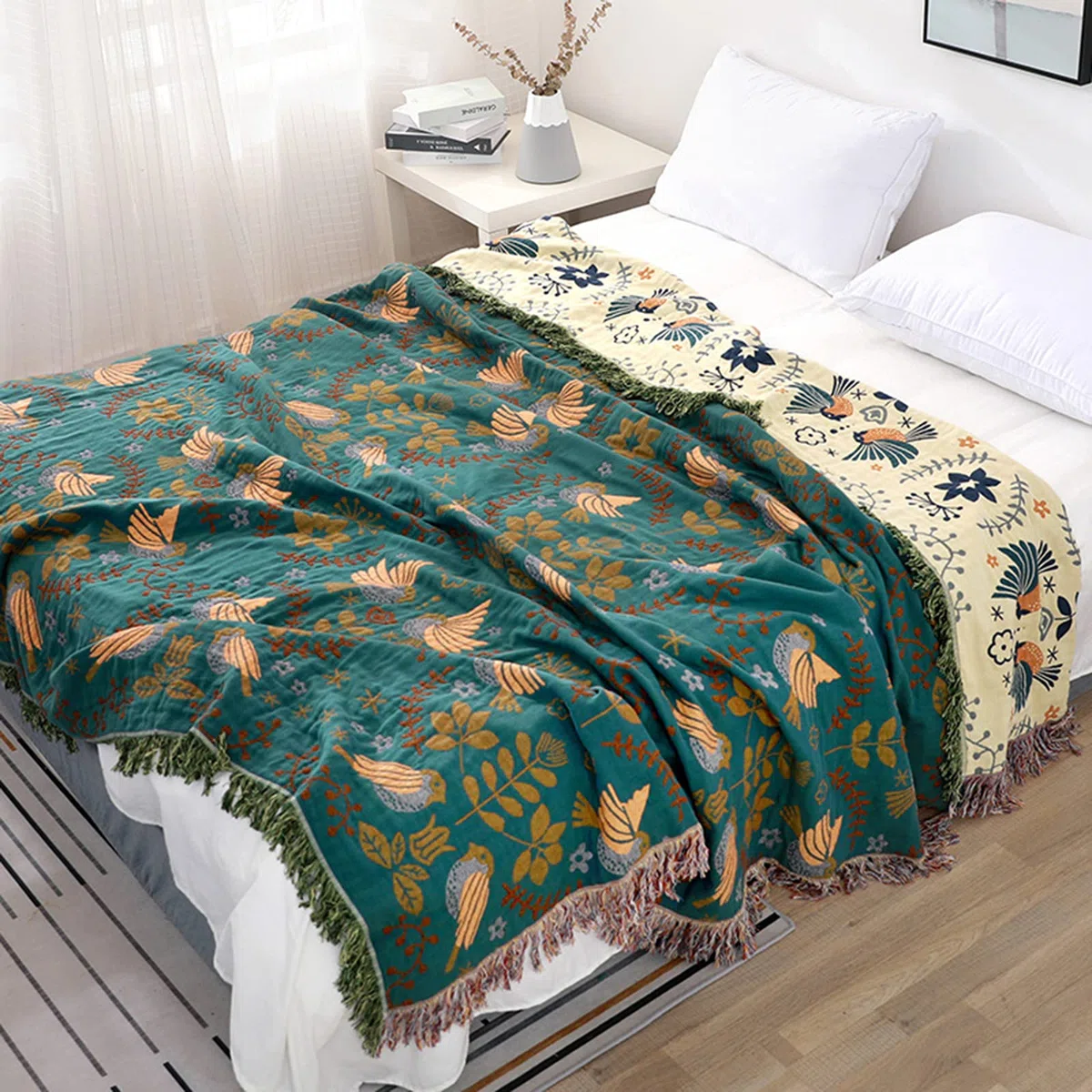 HOORDRY Doppelseitig Boho Tagesdecke 150x200CM Baumwolle gewebte Decke mit Fransen