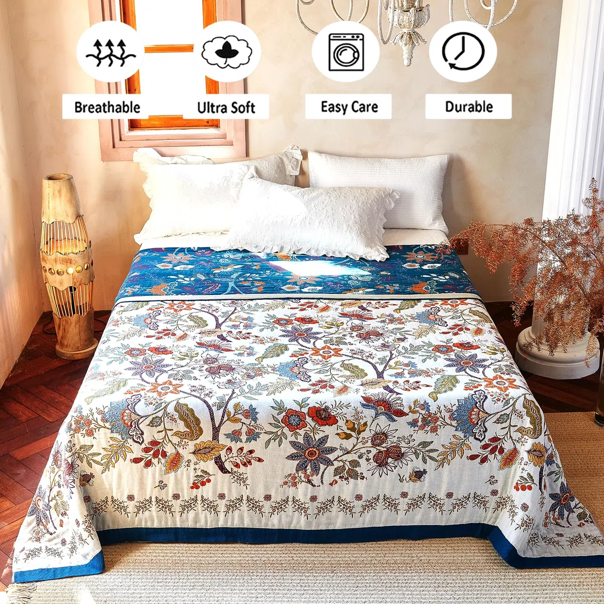 VANJOROY Sofaüberwurf aus 100 % Bio-Baumwolle, 150 x 200 cm, weich, hautfreundlich, doppelseitig, Boho-Blumenmuster, Beige, Überwurf für 2- und 3-Sitzer, Sessel, Couch und Tagesdecke.
