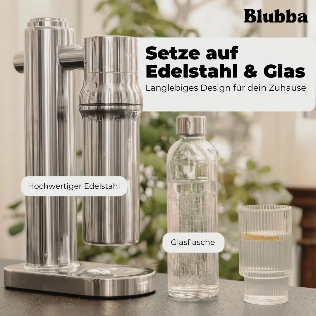 Wassersprudler Edelstahl mit Glasflasche 650 ml – BPA-frei, geschmacksneutral, spülmaschinengeeignet. Edle Sodamaschine für feinperliges Sprudelwasser. Soda Maker.