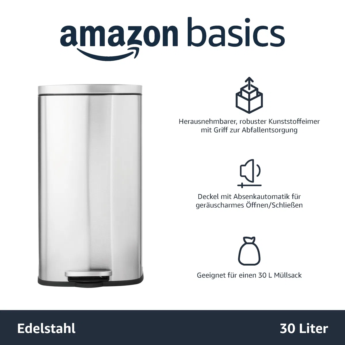 Amazon Basics 30 l Rechteckig Mülleimer für die Küche mit Stahlrohrpedal - 7.9 gallons Sanft Schließend mit Deckel, für Küche, Bad oder Büro, Satiniertes Nickel