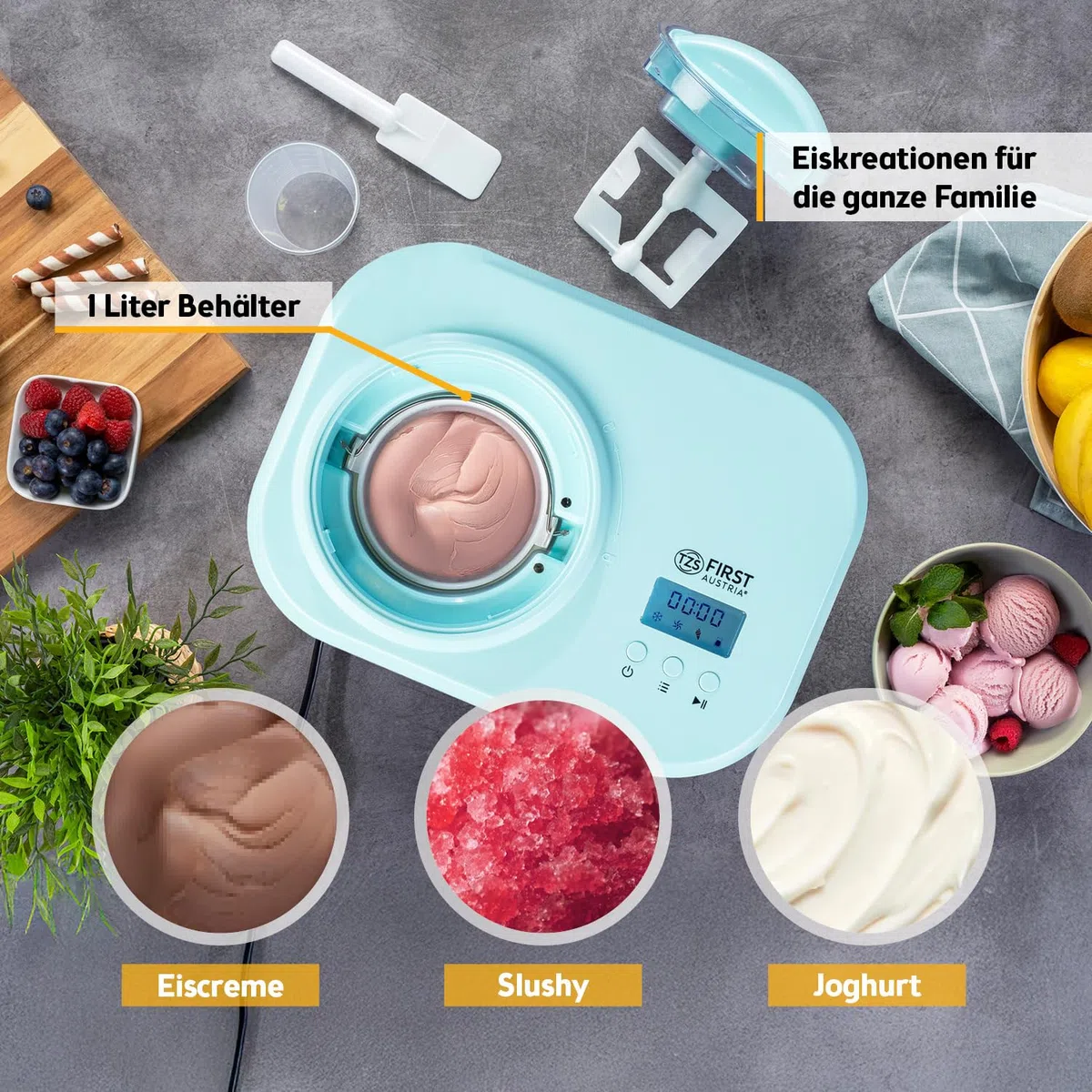 TZS First Austria - Eismaschine 1L mit Kompressor 3 in 1 - Ice Cream Maker 100W selbstkühlend für Frozen Joghurt, Sorbet & Eiscreme - Kleine Speiseeismaschine inkl. Messbecher & Spatel - Mint