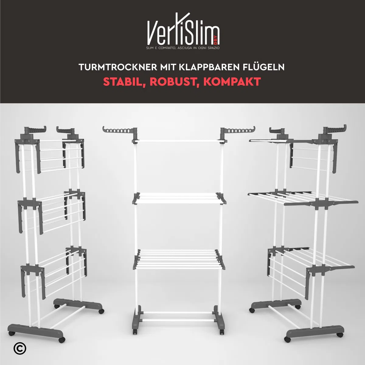 VertiSlim Dry Wäscheständer Klappbar Wäschetrockner Turm Platzsparender mit 4 Ebenen - Turm-Wäscheständer aus Edelstahl - Vertikaler mit Rädern und Seitenflügeln - Farbe Grau für Drinnen Draußen