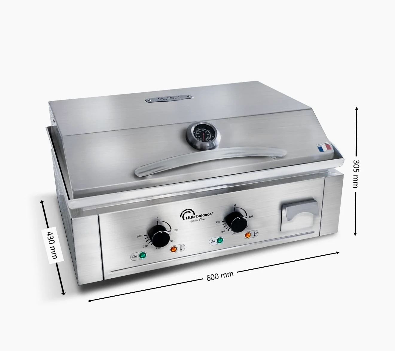 LITTLE BALANCE 8473 Aquitaine Pro Plus, elektrische Grillplatte, 2 Kochzonen, Deckel, 3500 W, hergestellt in Frankreich, komplett Edelstahl