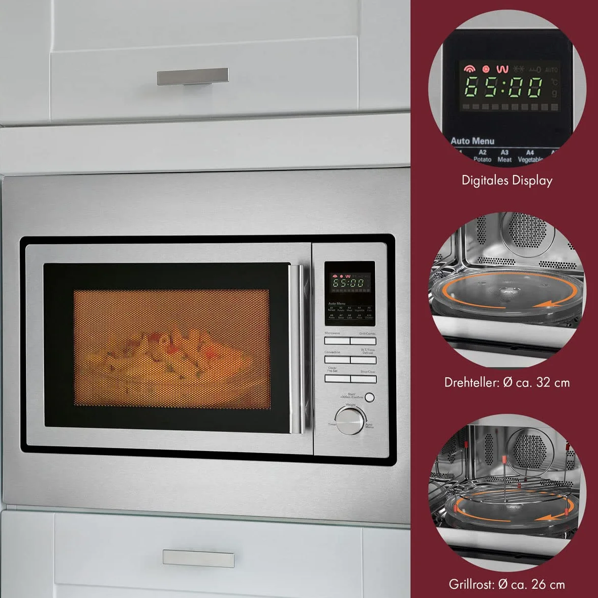Bomann Einbaumikrowelle mit Grill und Heißluft | 60cm | 900W Mikrowelle | 1100W Grill | 2500W Heißluft | inkl. Grillrost und Drehteller | 25L Einbau Mikrowellengerät | MWG 2216 H EB inox