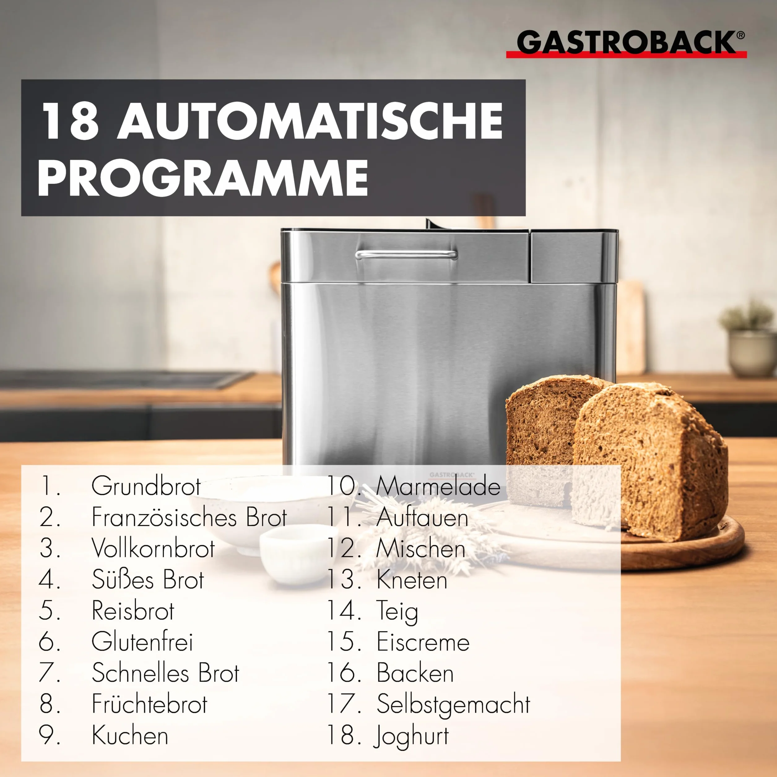 GASTROBACK Brotbackautomat Advance - Vollautomatische Brotbackmaschine + 18 Programmen inkl. Joghurtmaschine, Timer-Funktion, Zutatenfach, Sichtfenster, Brotautomat / Backmaschine in Edelstahl Optik