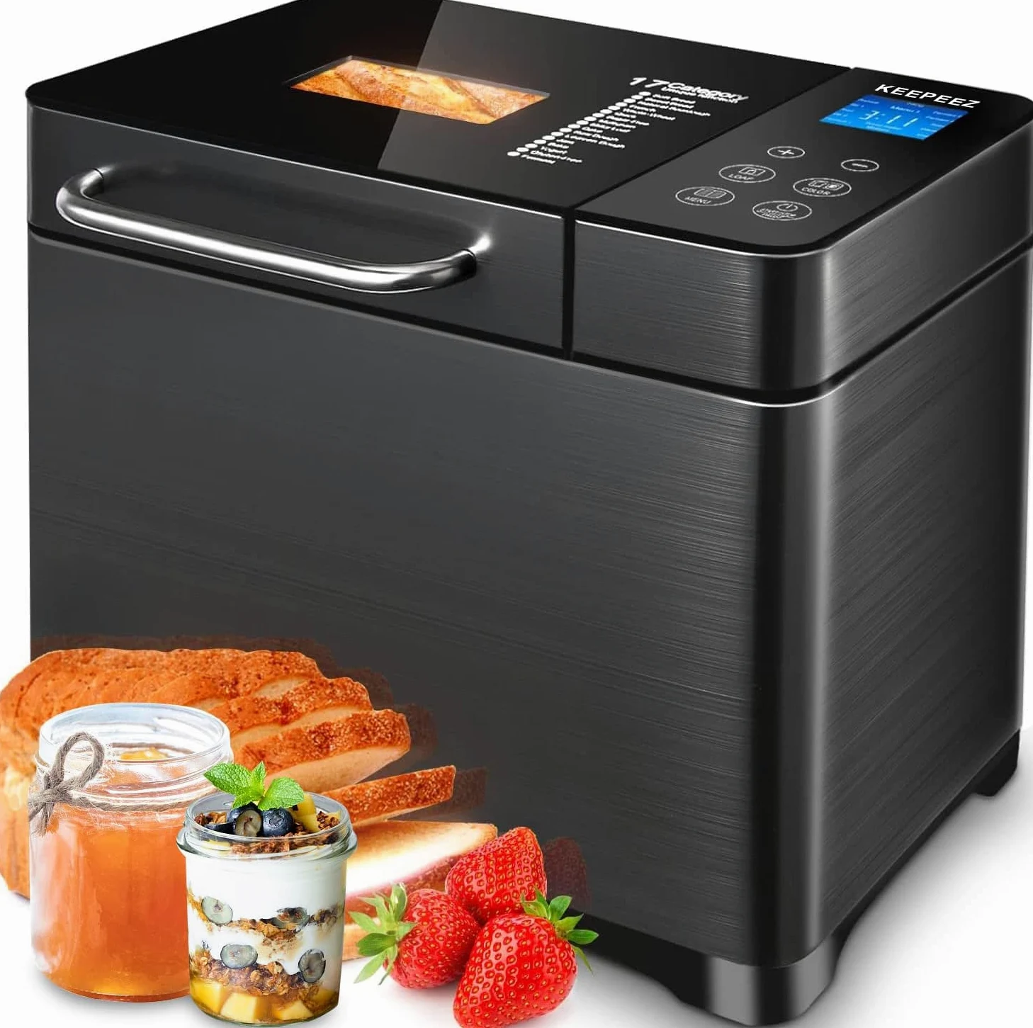 2LB Brotbackautomat, 17-in-1 Quarz Schnellheizer Brotbackautomaten Edelstahl with 2 Paddles, Auto Nut Dispenser, Brotbackmaschine with Keramik-Pfannen, Glutenfrei, 3 Brotgrößen & 3 Backfarben