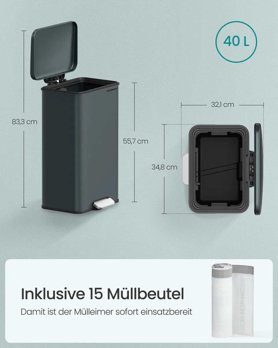 SONGMICS Mülleimer Küche, 40 Liter Abfalleimer, großer Tretmülleimer, mit Deckel, aus Stahl, Softclose, inklusive 15 Müllbeutel, anthrazitgrau LTB540G02