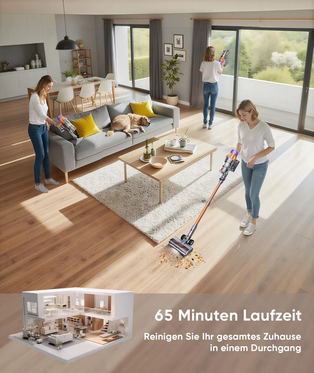SunSare Akku Staubsauger Kabellos 600W/50000Pa/65Min, Akkustaubsauger mit 1M Schlauch, Wandladehalterung, Aromafunktion, Selbststehend, für Hartböden Teppiche Tierhaare