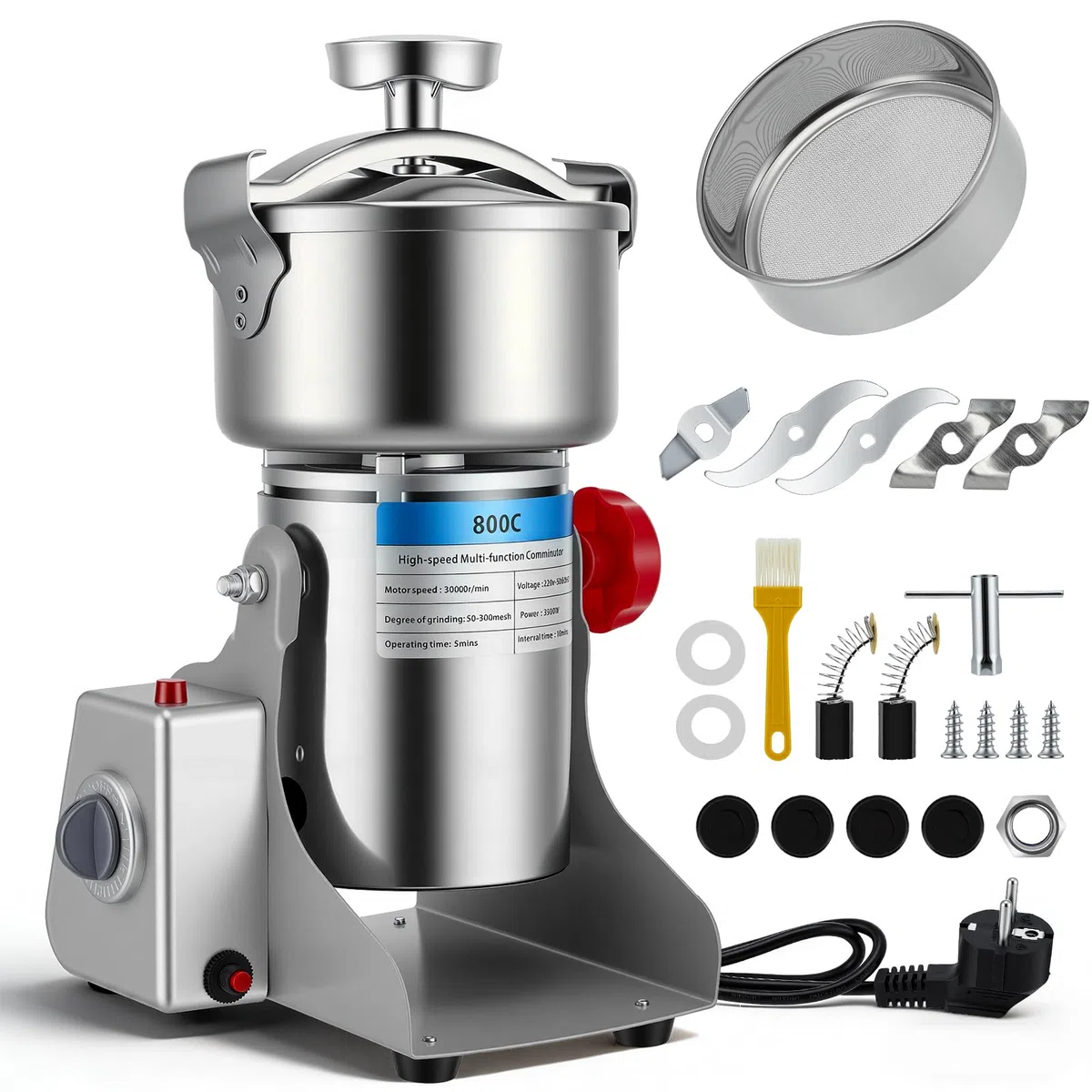 Tragbare Elektrisch Getreidemühle 220V, Zum Mahlen schütteln, 3500W Hochgeschwindigkeits Schleifmaschine mit Zeitschaltuhr für Mehl Pulver, für Kräuter, Gewürze, Getreide mit Überlastschutz (800g)