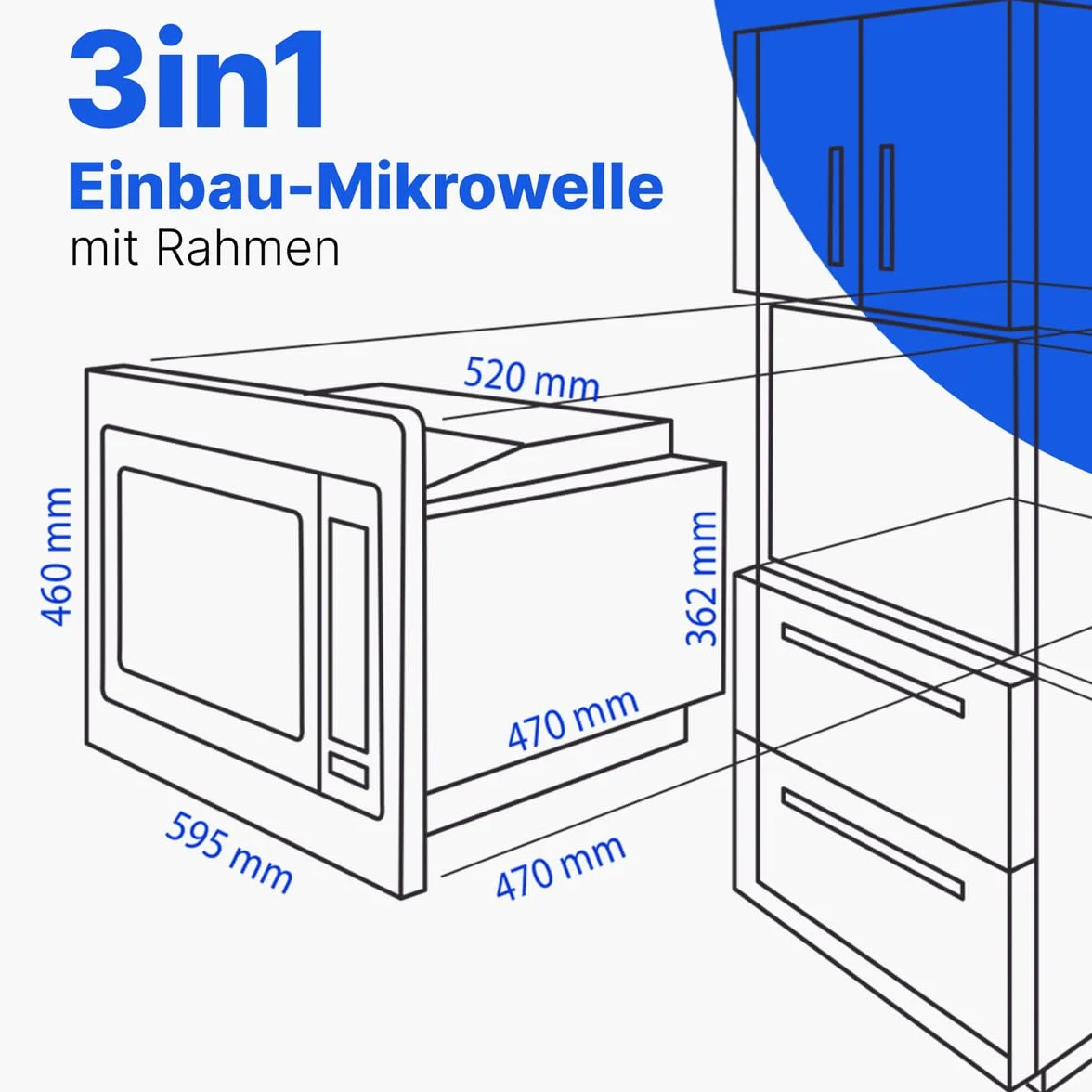 Bomann Einbaumikrowelle mit Grill und Heißluft | 60cm | 900W Mikrowelle | 1100W Grill | 2500W Heißluft | inkl. Grillrost und Drehteller | 25L Einbau Mikrowellengerät | MWG 2216 H EB inox