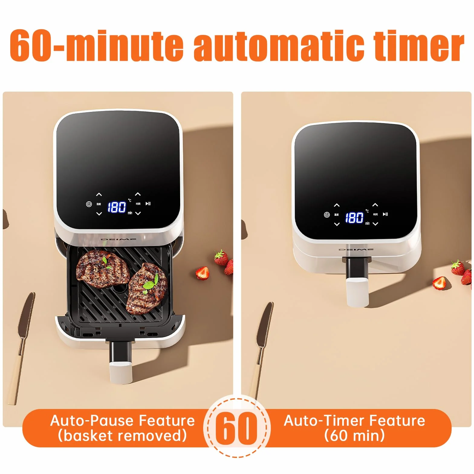 DEIME Heißluftfritteuse 2,5 l, kleiner digitaler Airfryer, platzsparend, kompakt, zum Backen, Aufwärmen, Braten für schnelle und einfache Mahlzeiten, Mini, kompakt und leise, antihaftbeschichtet