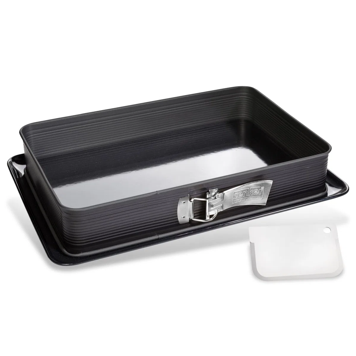 Zenker Deluxe Rechteck-Springform mit Auslaufschutz und Teigschaber – 42 x 29 x 7 cm, Antihaftbeschichtet & schnittfest, Emaille-Boden, Auslaufschutz-Rand, Made in Germany