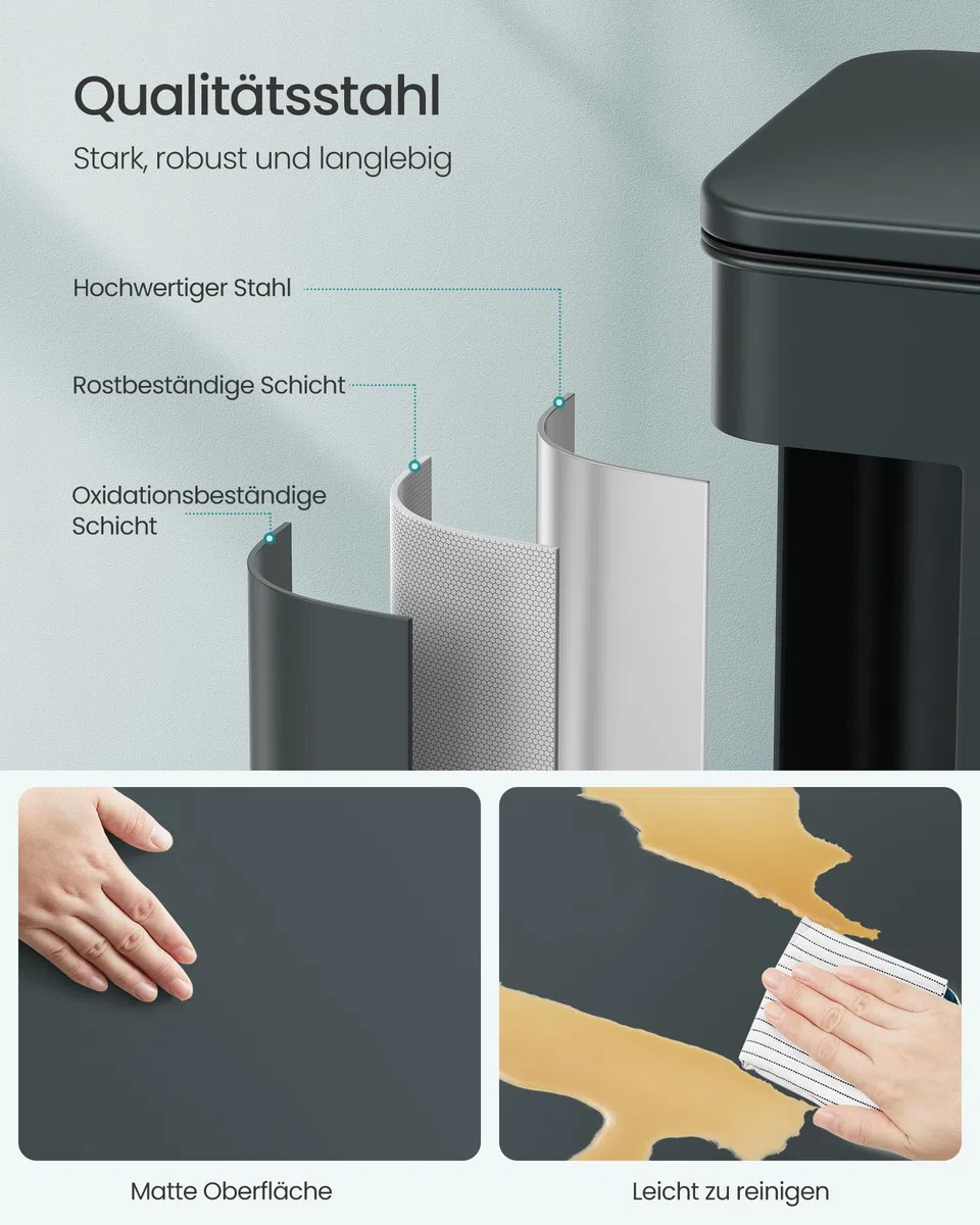 SONGMICS Mülleimer Küche, 40 Liter Abfalleimer, großer Tretmülleimer, mit Deckel, aus Stahl, Softclose, inklusive 15 Müllbeutel, anthrazitgrau LTB540G02