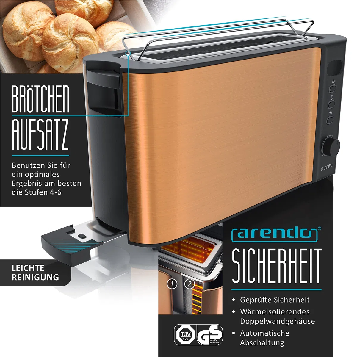 Arendo Wasserkocher Toaster SET Kupferoptik 2200W 1,7L 2 Scheiben Langschlitztoaster