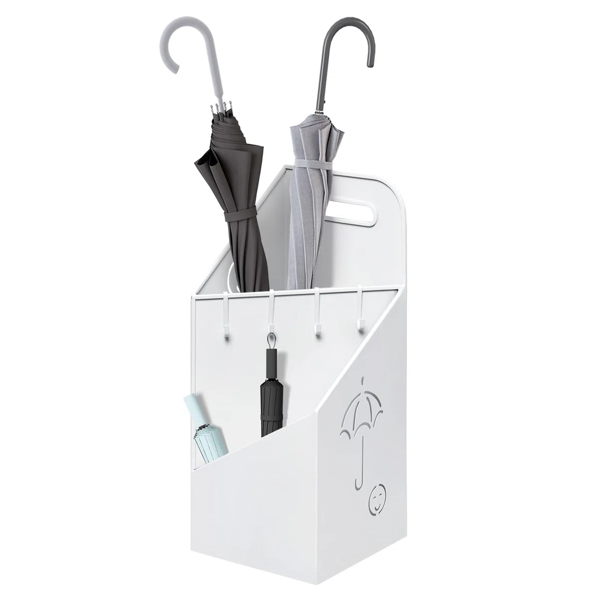 WOLTU Regenschirmständer 2 Slots, Schirmständer Regenschirm, Regenschirmhalter mit Griff, 4 Haken, für Eingangsbereich, 20x49x20 cm, aus Metall, Weiß, SST14ws