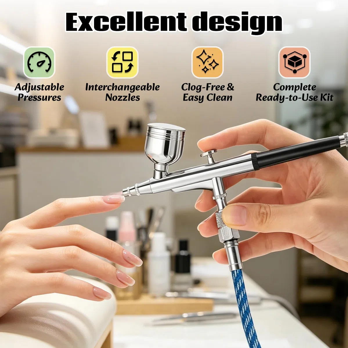 Airbrush Set mit tragbarem Kompressor, 3-stufiger Luftdruck (28-48 PSI) & 3 Düsen (0,2/0,3/0,5 mm),12W Double-Action Airbrush-Pistole für Modellbau, Make-up, Nailart & Tortendeko