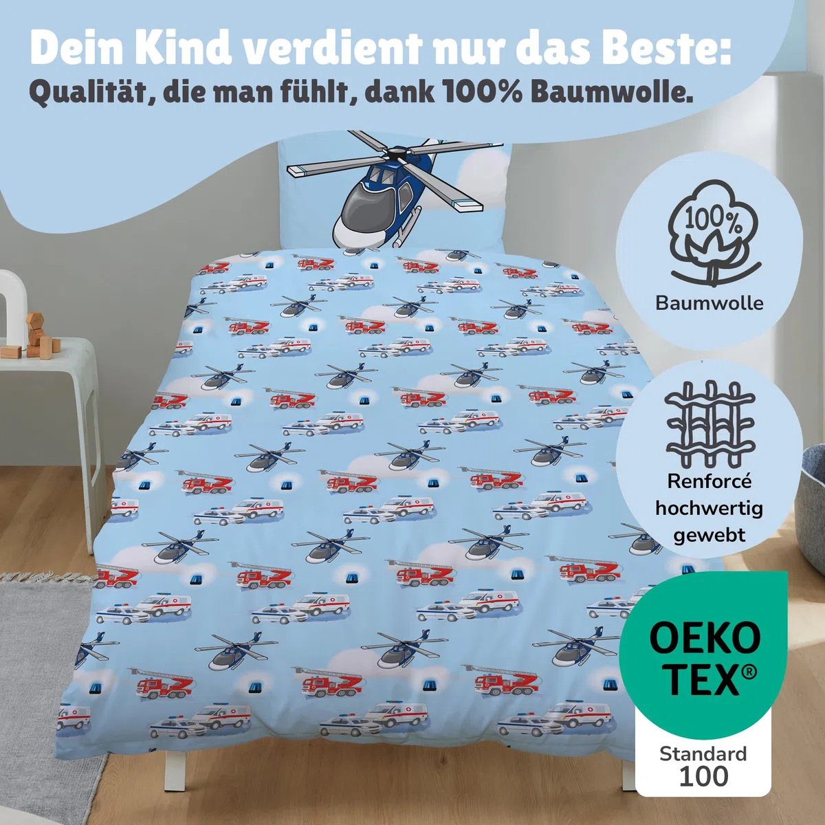 Familando – Polizei & Feuerwehr Bettwäsche-Set (2-teilig) – Decken- & Kissenbezug 135x200 cm & 80x80 cm mit Reißverschluss – 100% Baumwolle – Wendemotiv – Hautfreundlich & atmungsaktiv - Öko-TEX