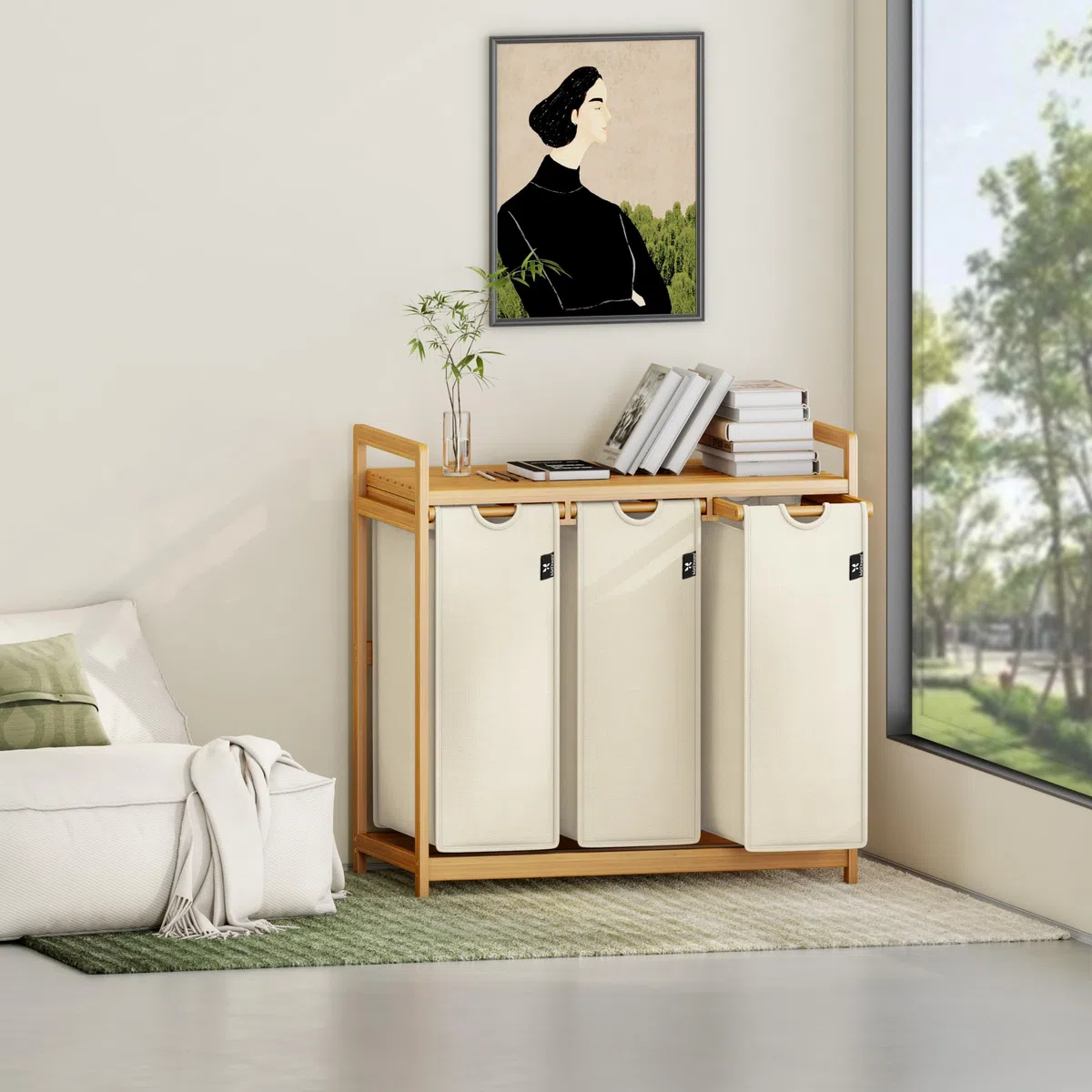AdelDream Wäschekorb 150L, 3 Fächer Wäschesammler mit Ablage, Bambusrahmen | Wäschesortierer mit 3 x 50L Säcken, ausziehbar abnehmbar, Ablage bis 45 kg, Farbe Beige