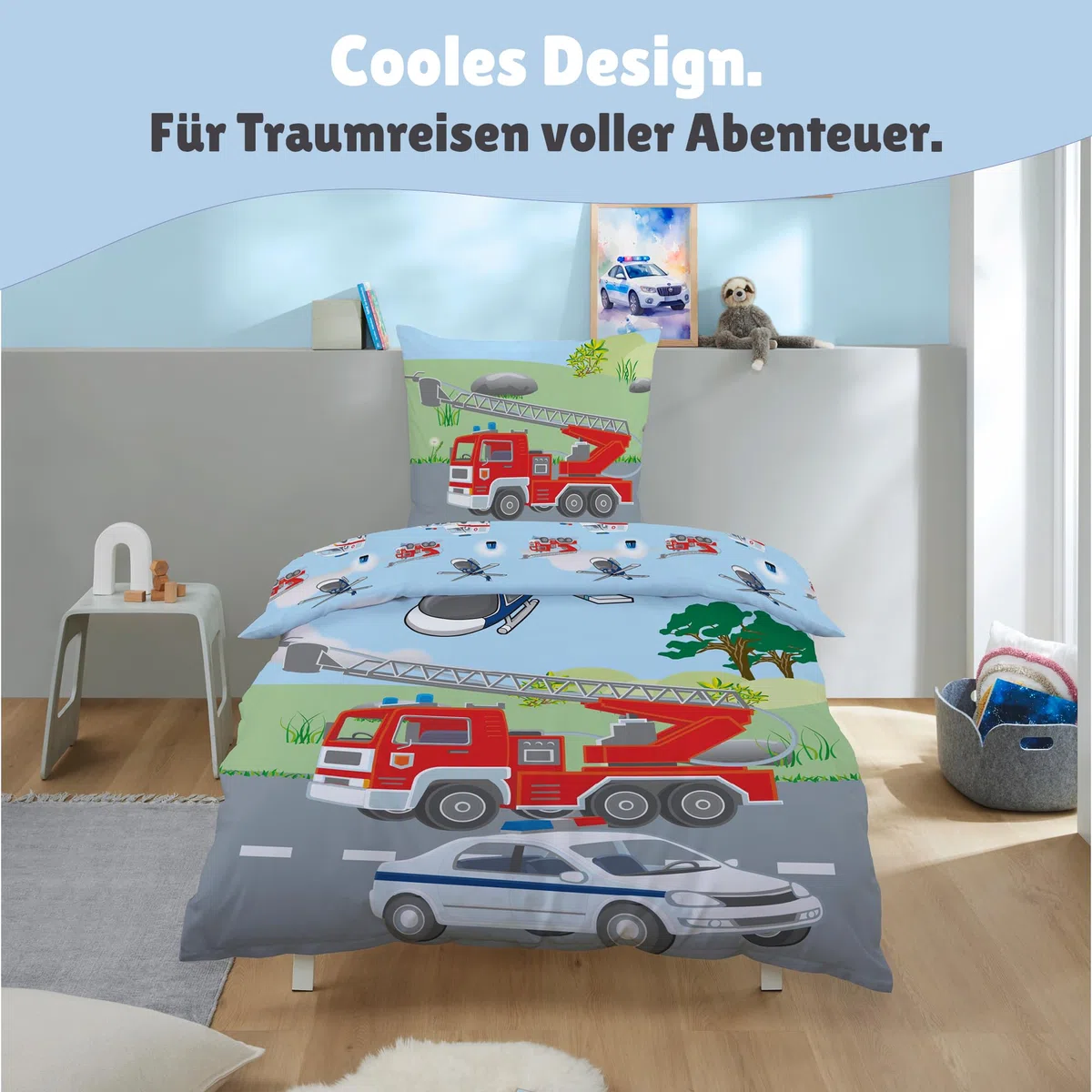Familando – Polizei & Feuerwehr Bettwäsche-Set (2-teilig) – Decken- & Kissenbezug 135x200 cm & 80x80 cm mit Reißverschluss – 100% Baumwolle – Wendemotiv – Hautfreundlich & atmungsaktiv - Öko-TEX